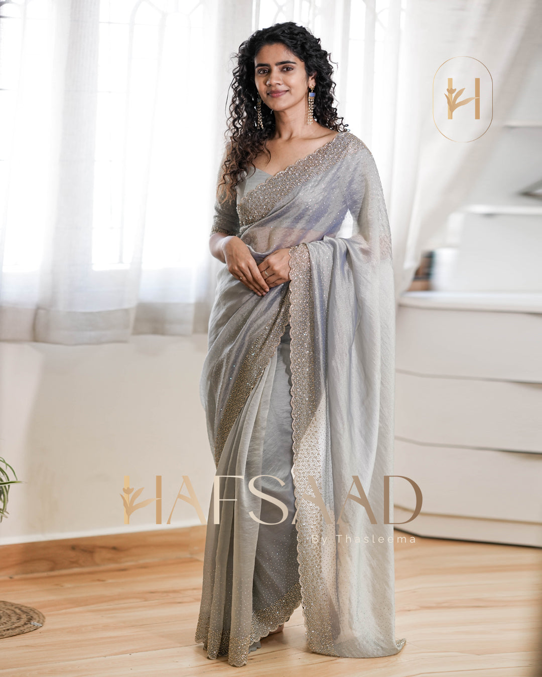 Haideen- Premium semi tissue saree (Space grey)