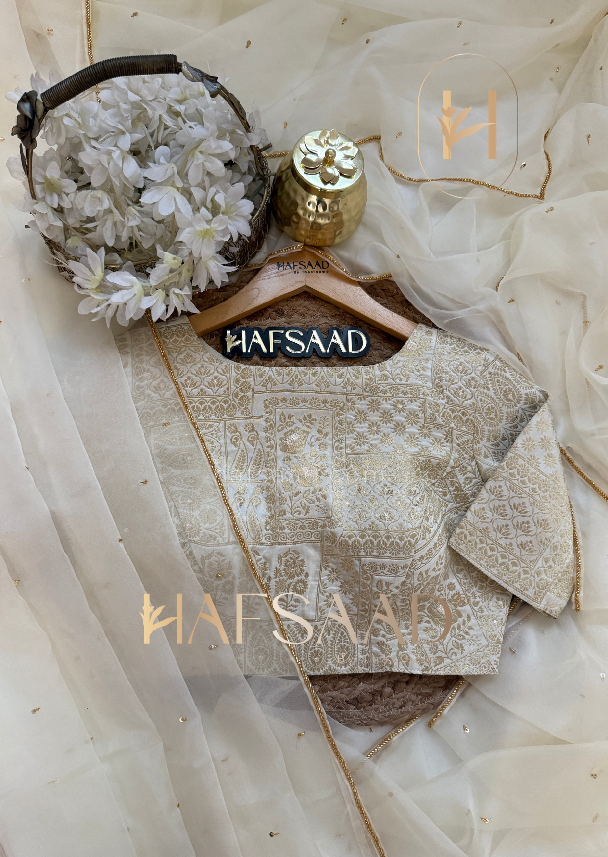 Kiara - Pure organza handwork saree (Half white)