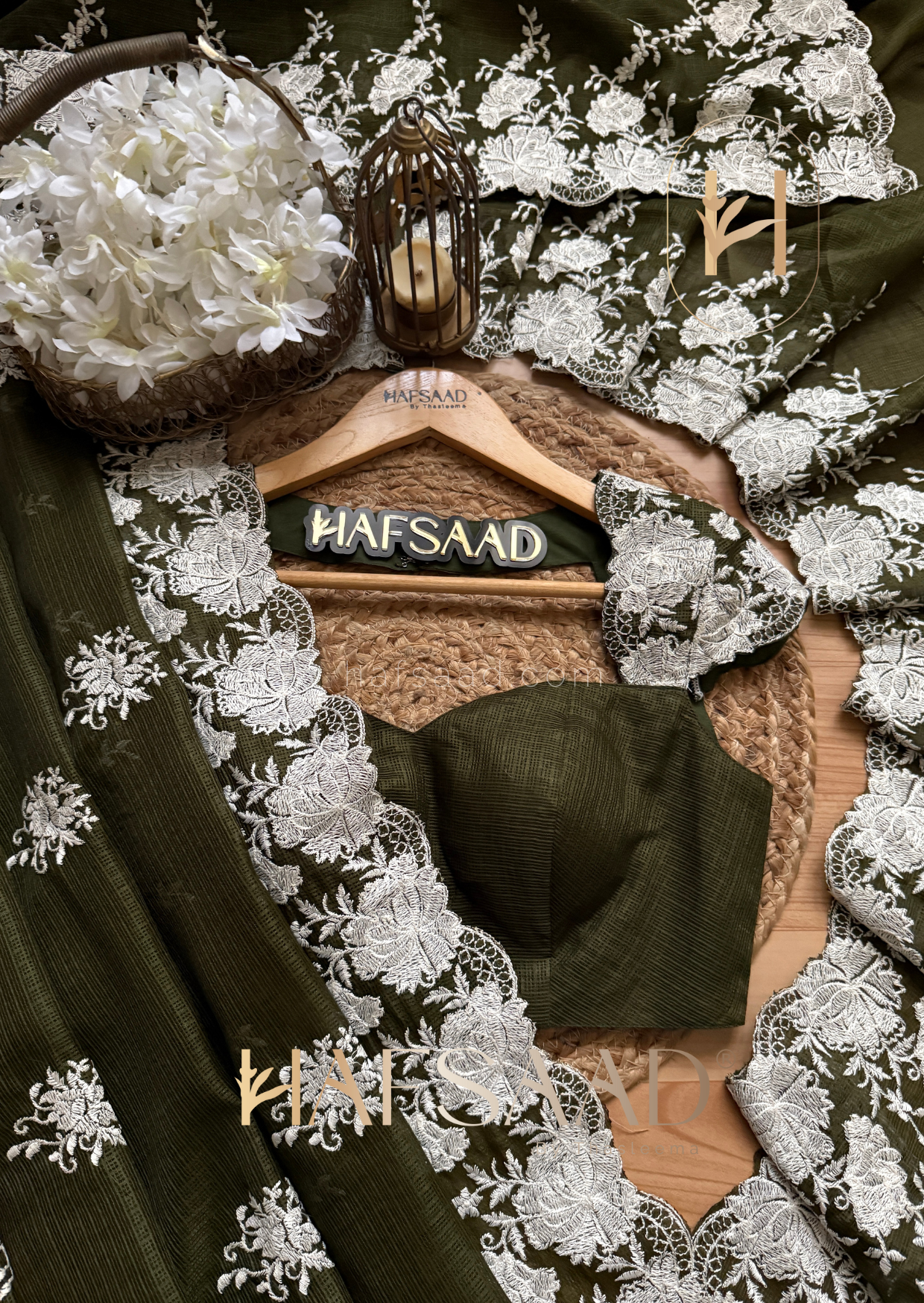 Celestia - Embroidered saree (Olive green)