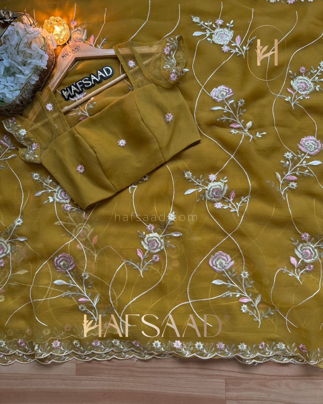 Anila -Chiffon organza saree (Mustard)