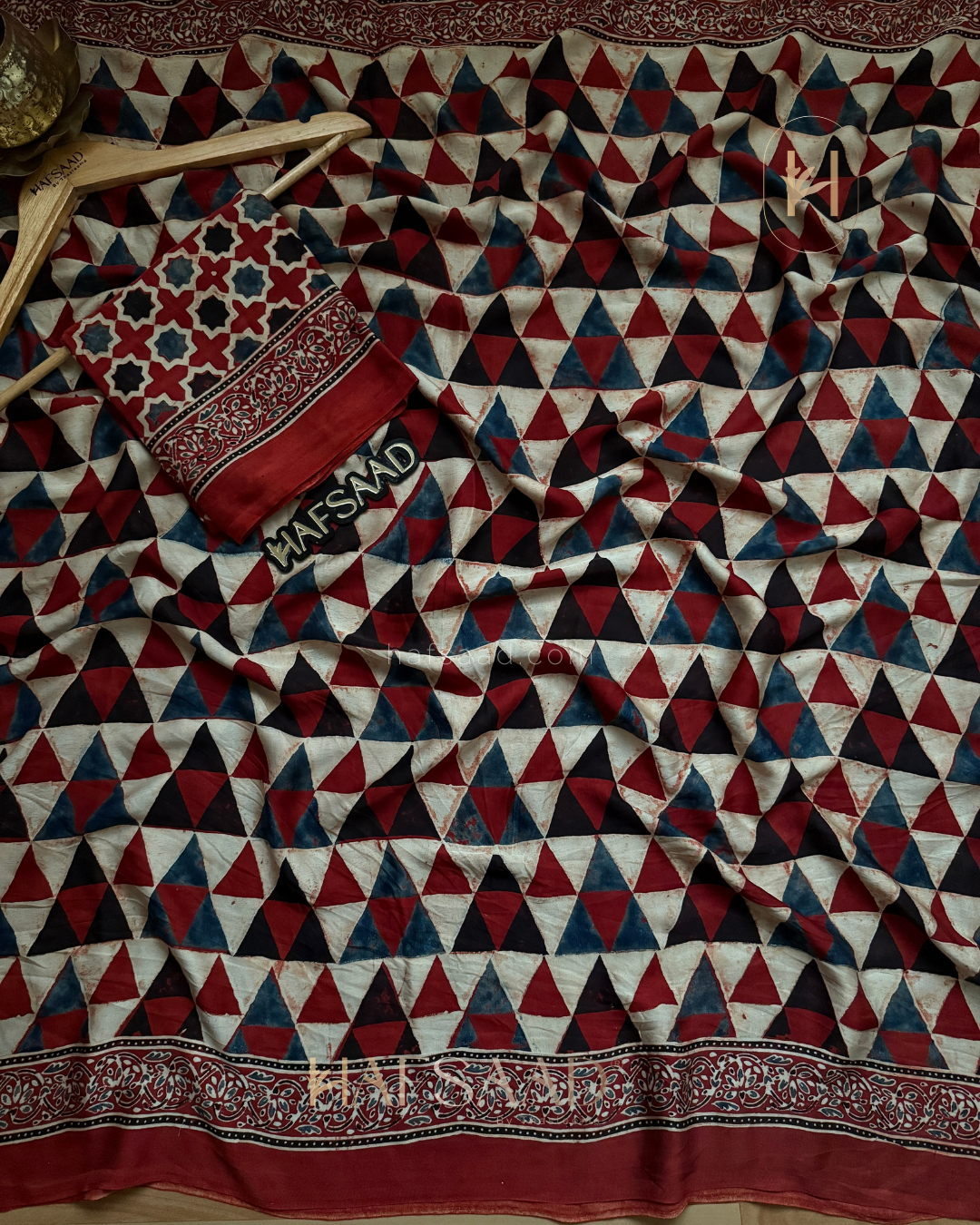 Mohana-Pure Ajrakh Modal Silk Saree (Red triangles)