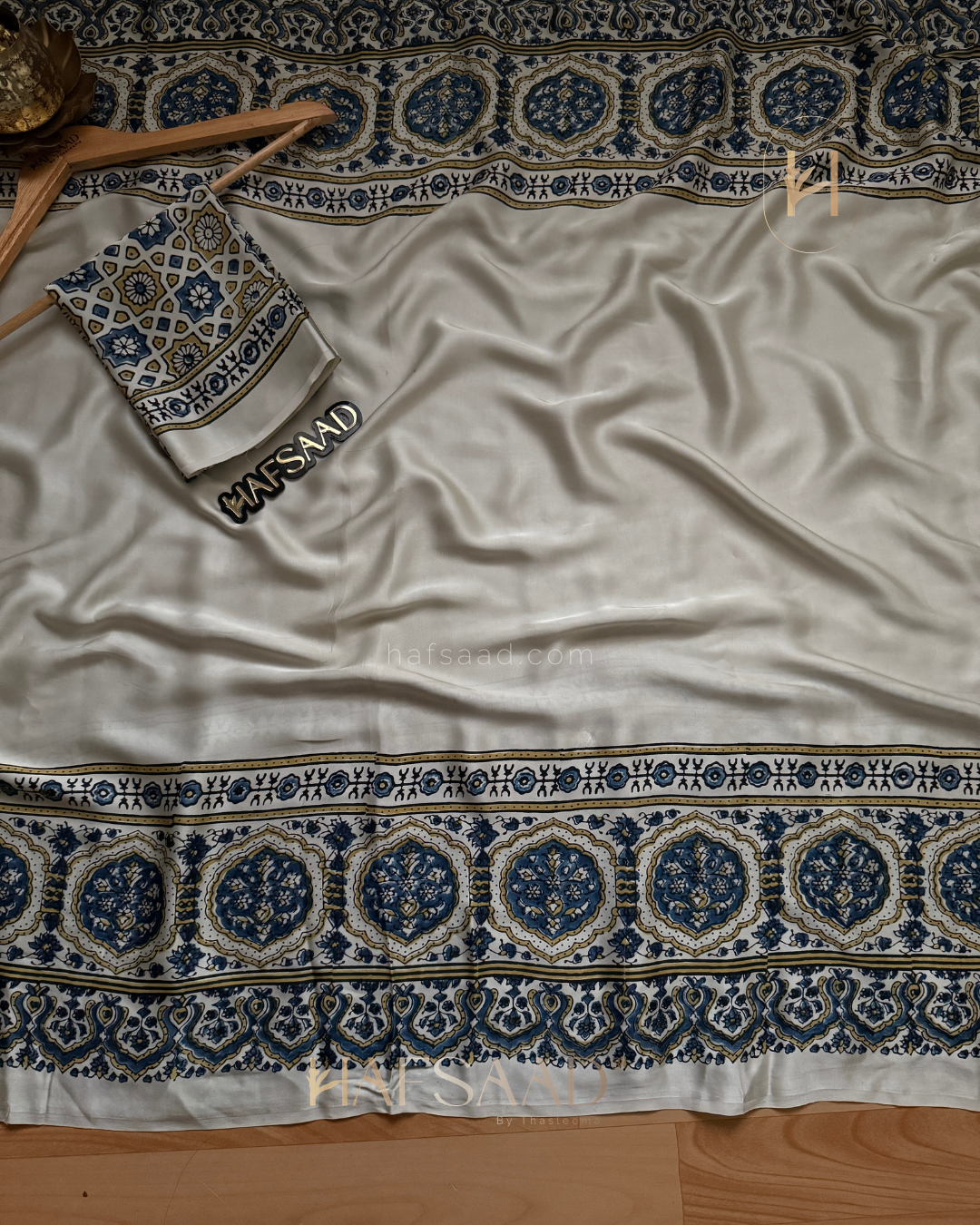 Mohana-Pure Ajrakh Modal Silk Saree (Inked Cream)