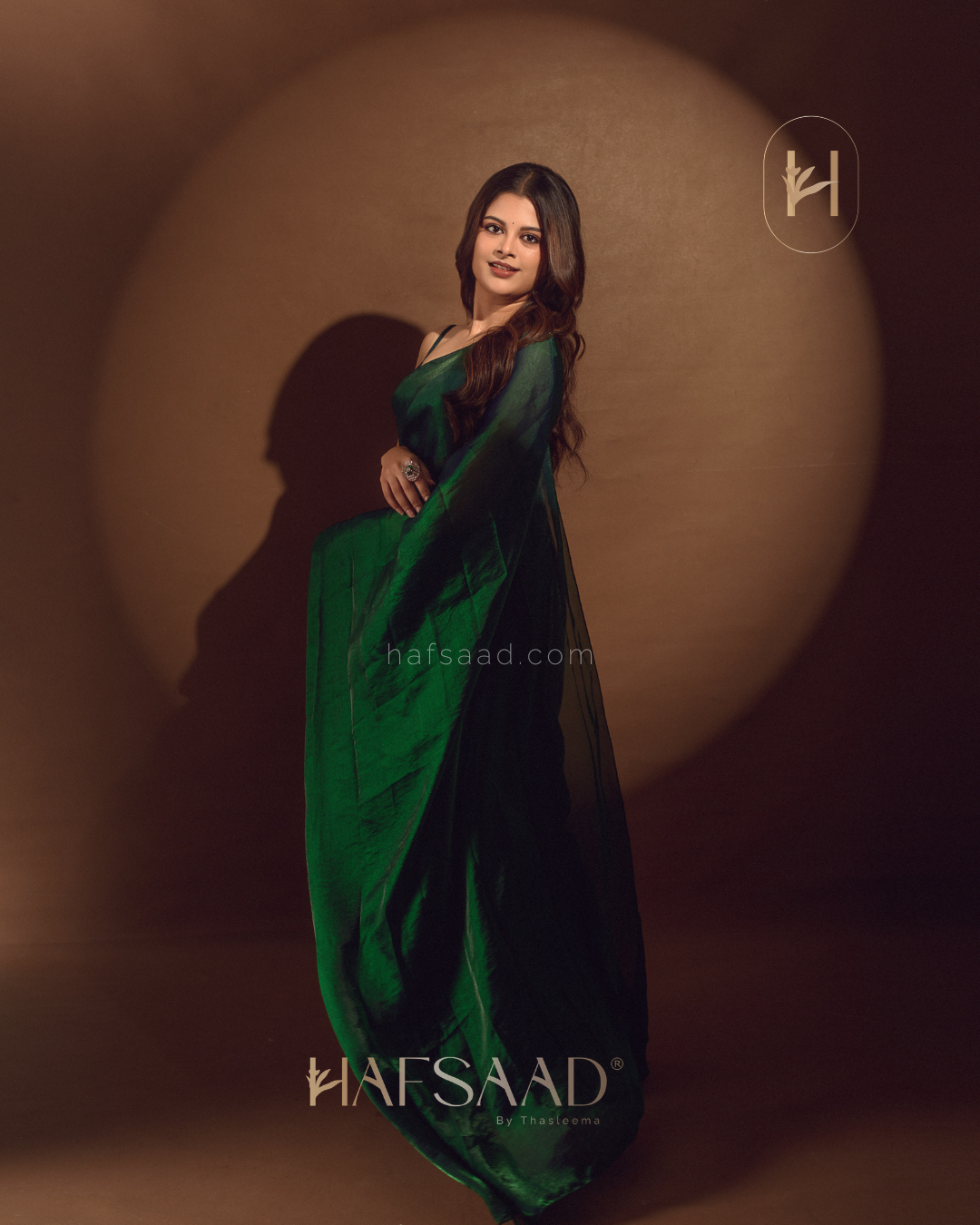 Sanjana in Sinful - Stardust satin saree (Emerald waves)