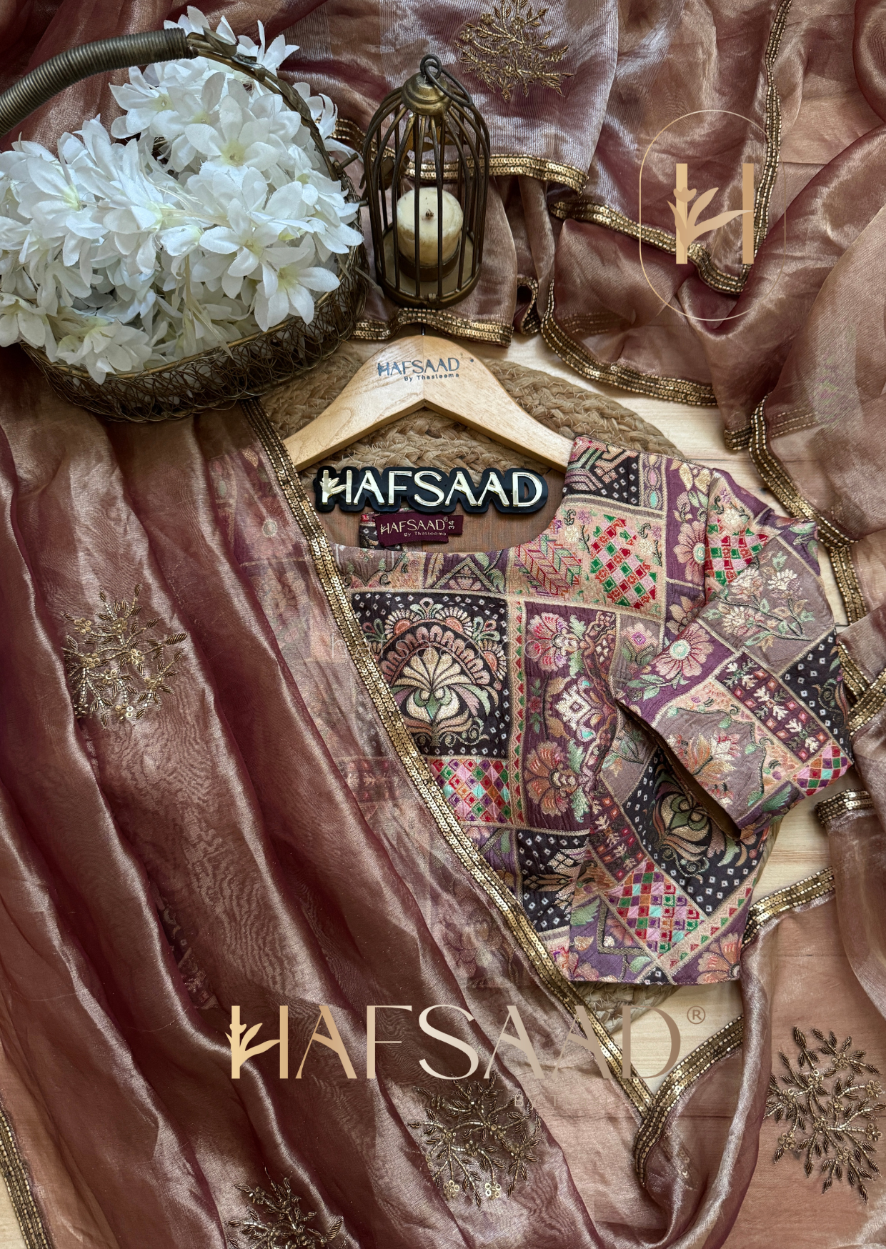 Nargis-Pure tissue silk handwork saree (Brownsugar)