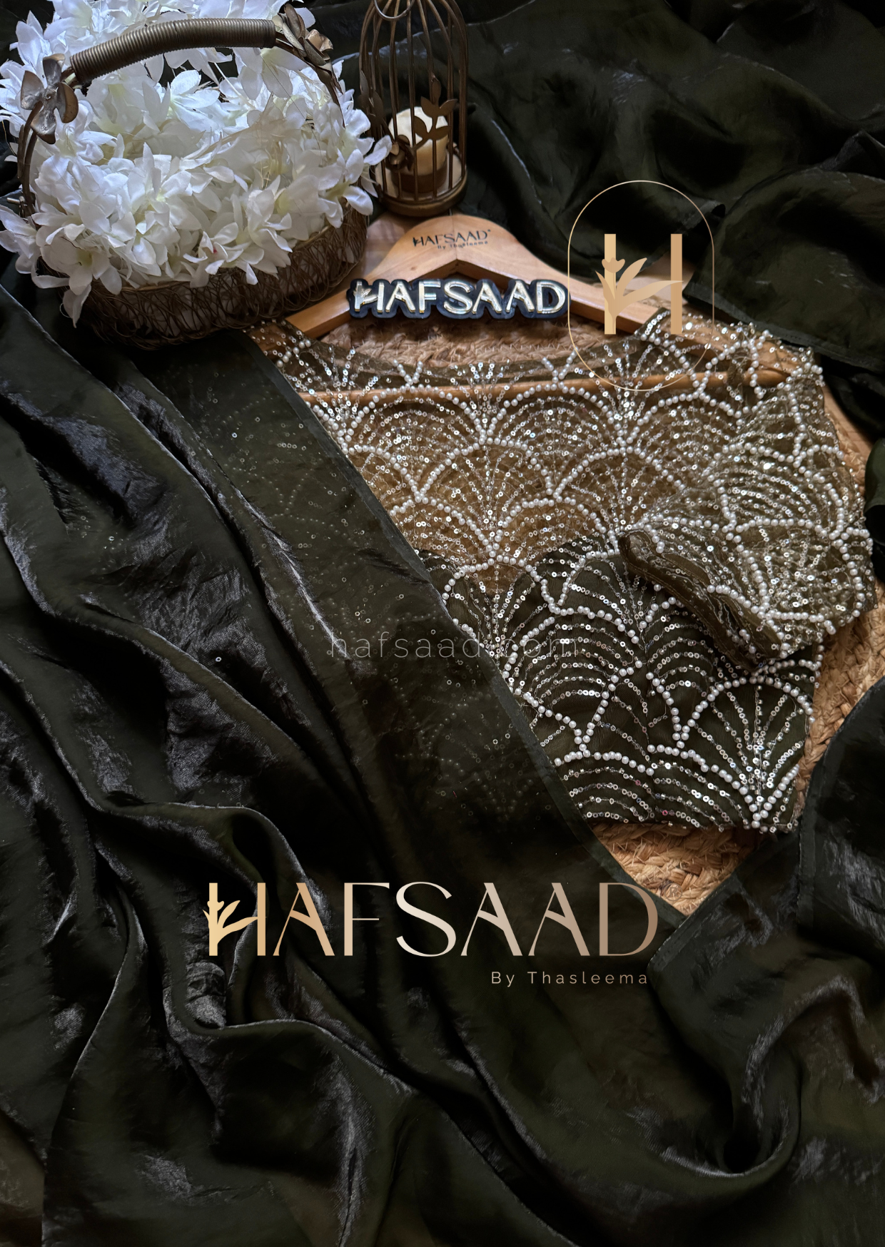 Alisha- Stardust satin saree (Olive green)