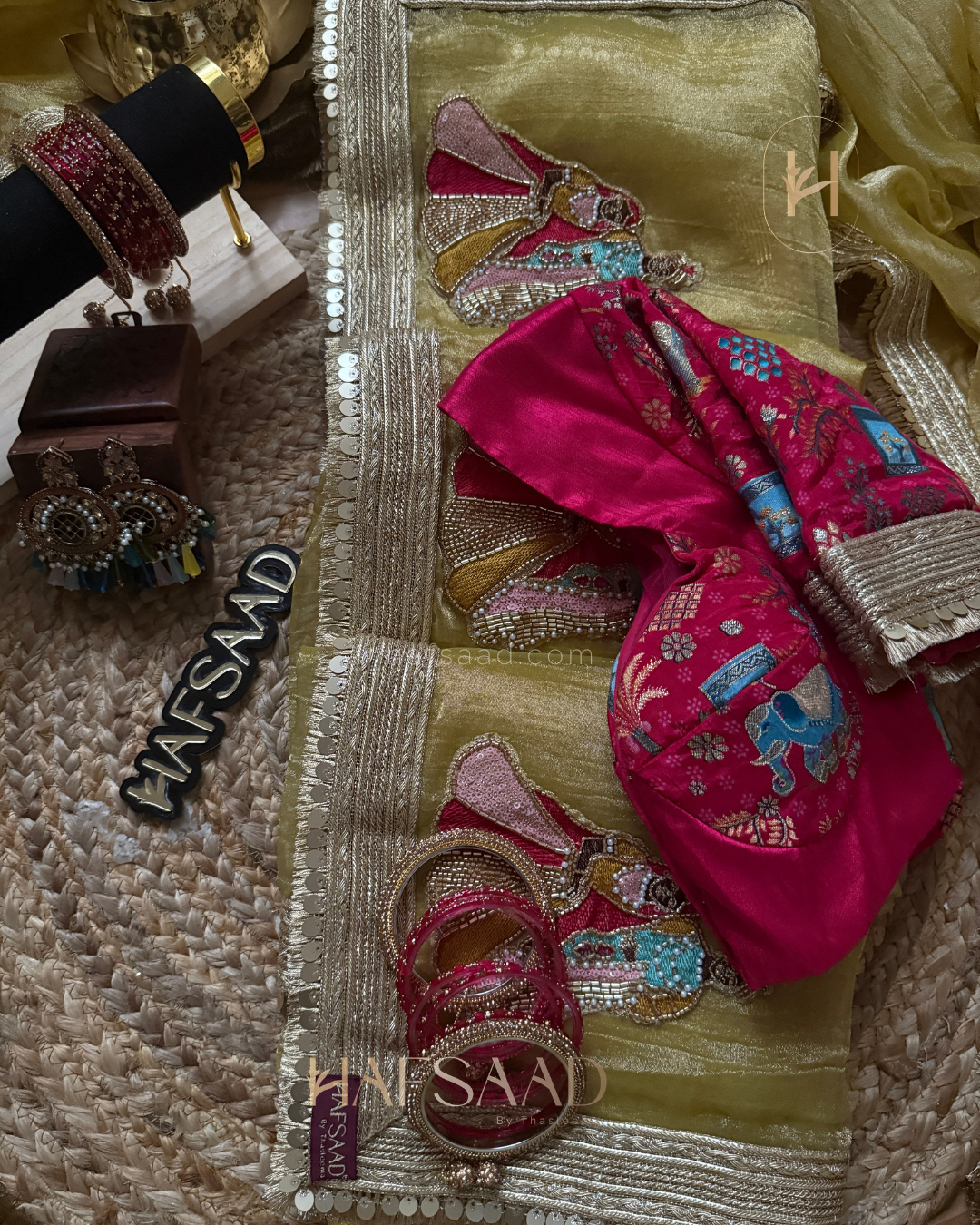 Varshini- Designer tissue saree (parrot green)