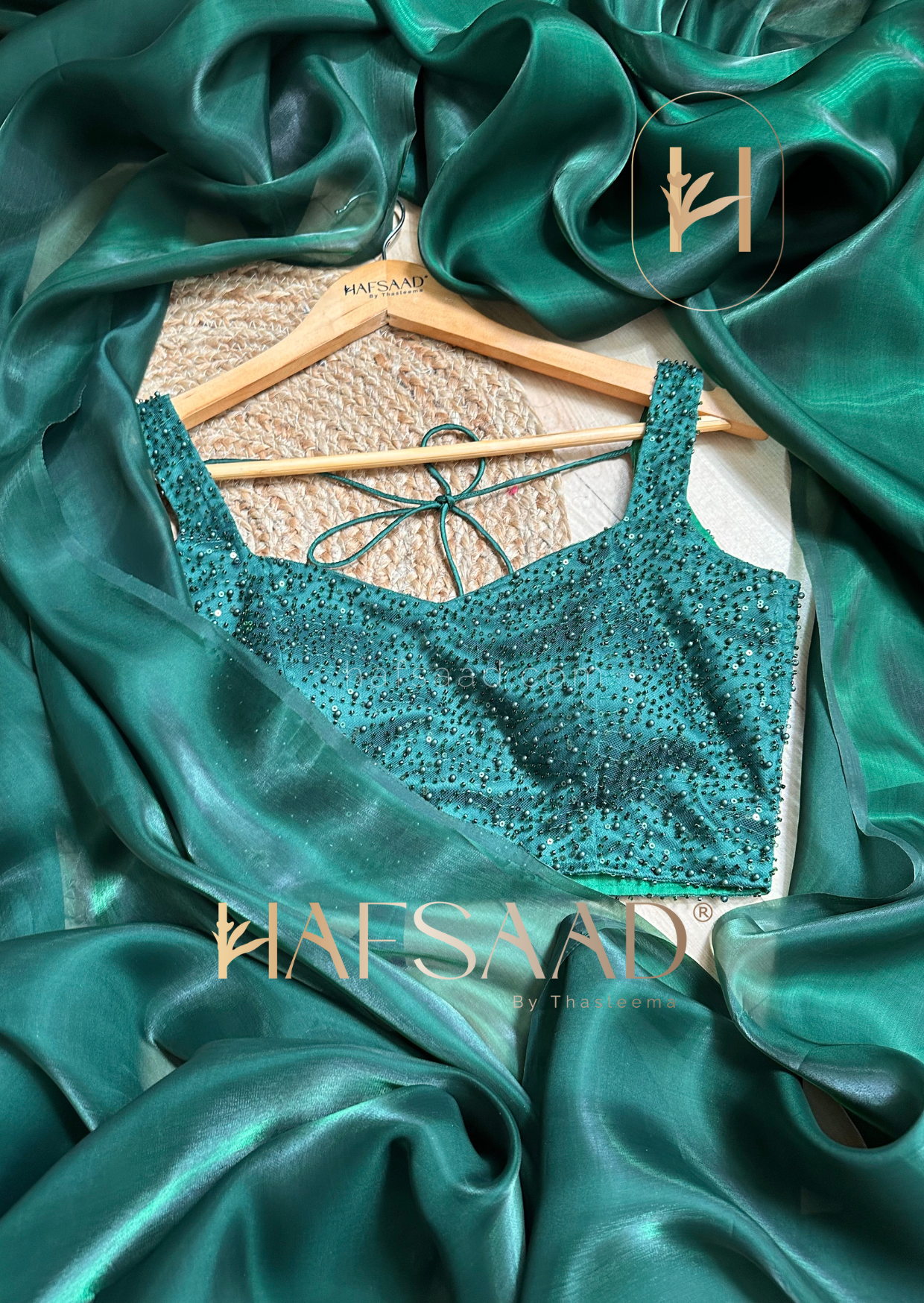 Medusa- Designer satin organza saree (Bottle Green)