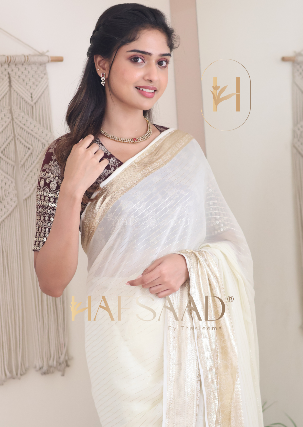 Mithra- Pure viscose saree (Plum Cream) Ready to wear