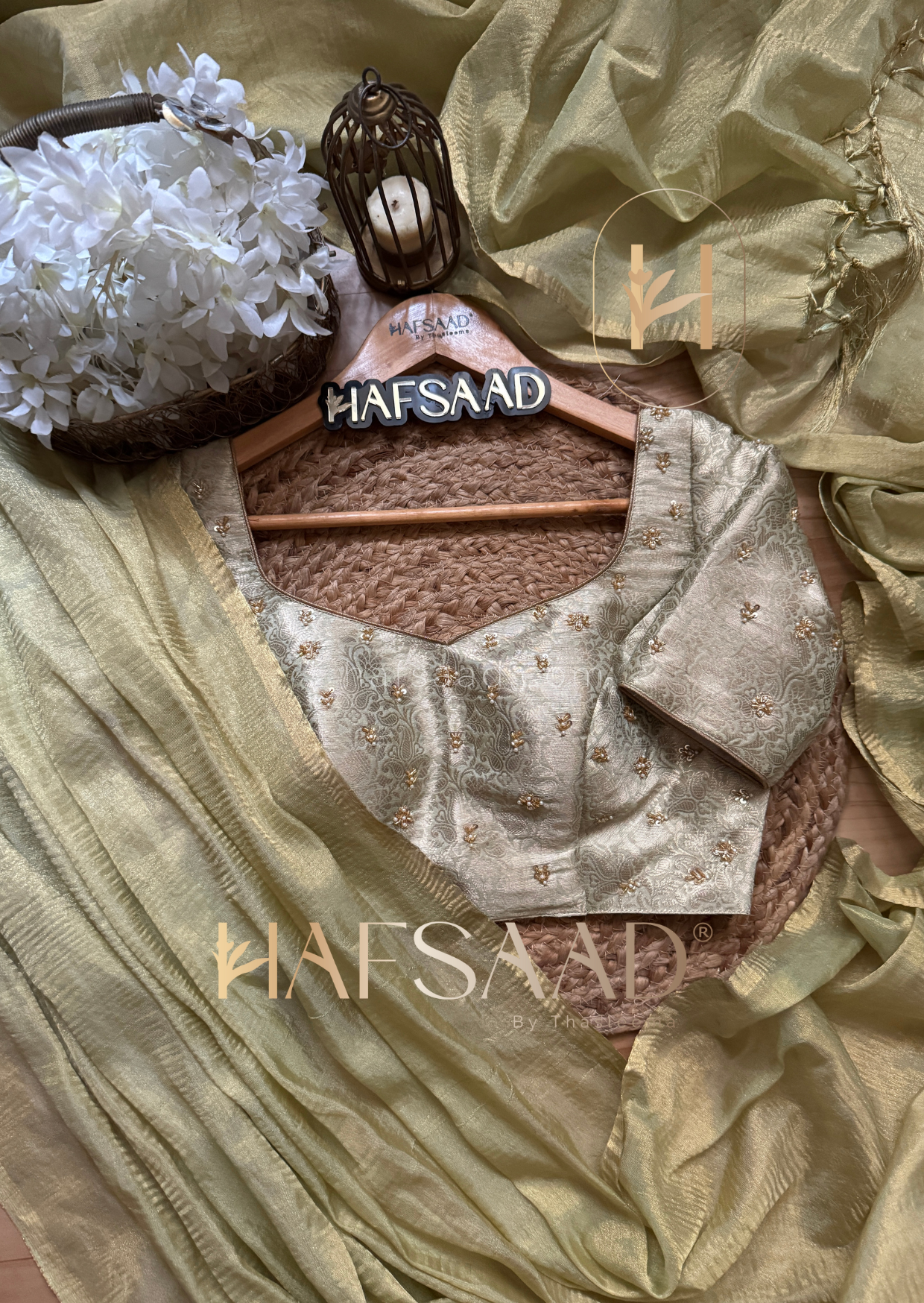 Nida Handwork- Soft semi tissue saree (Green)