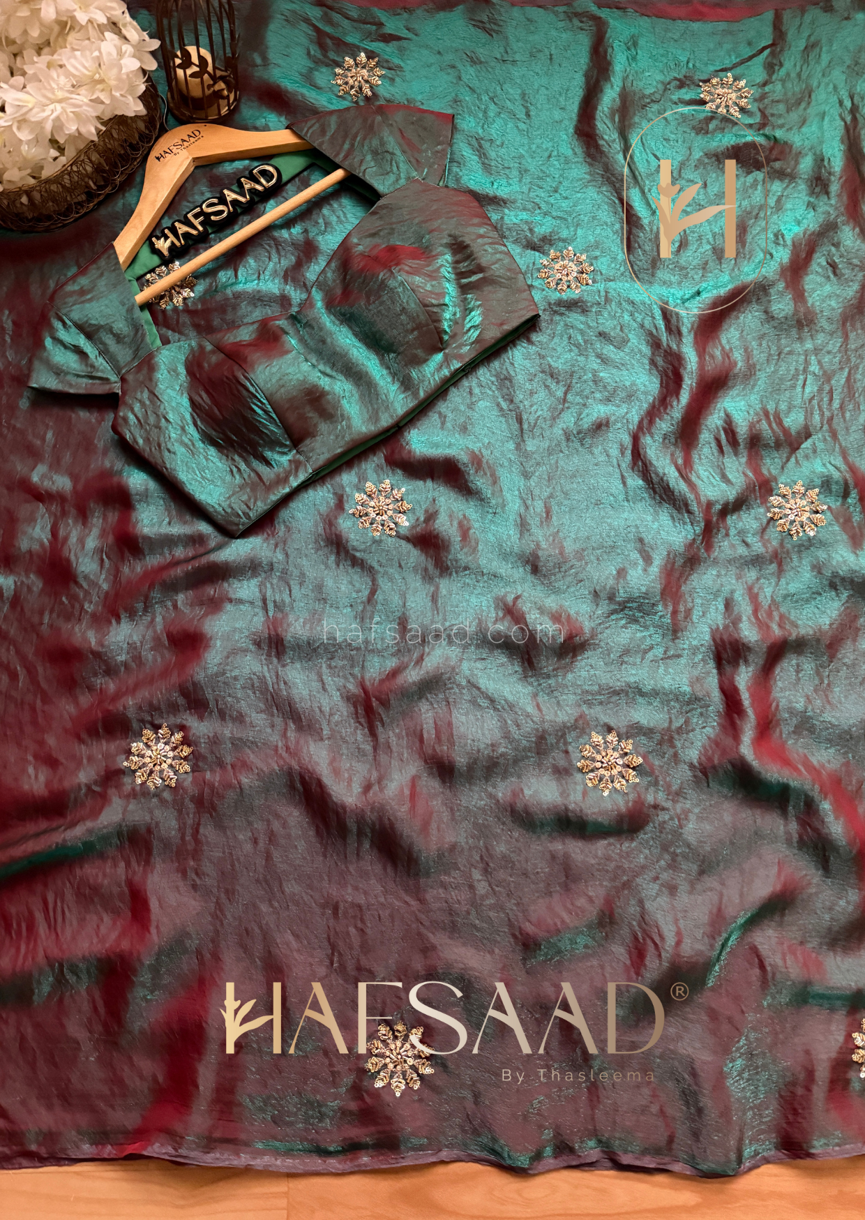 Frost - Stardust satin saree (Fierce peacock)