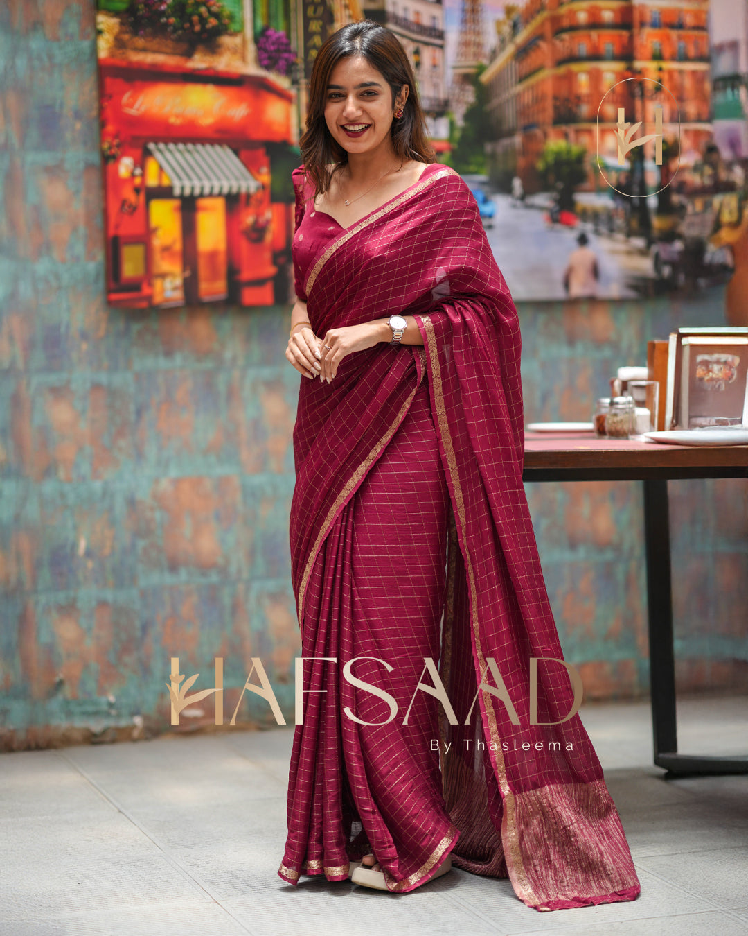 Madrasi - Premium crushed chinnon saree (Burgundy)