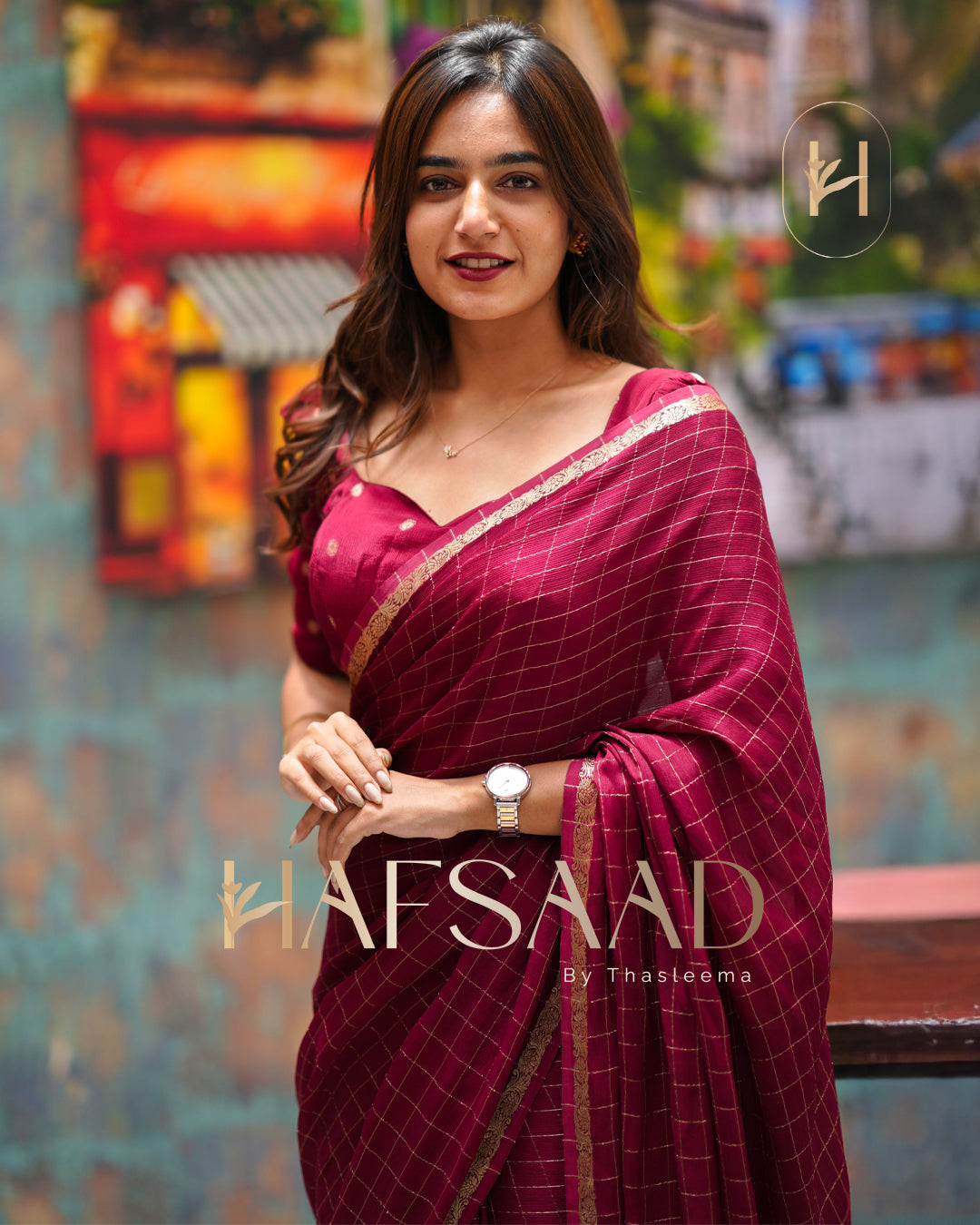 Madrasi - Premium crushed chinnon saree (Burgundy)
