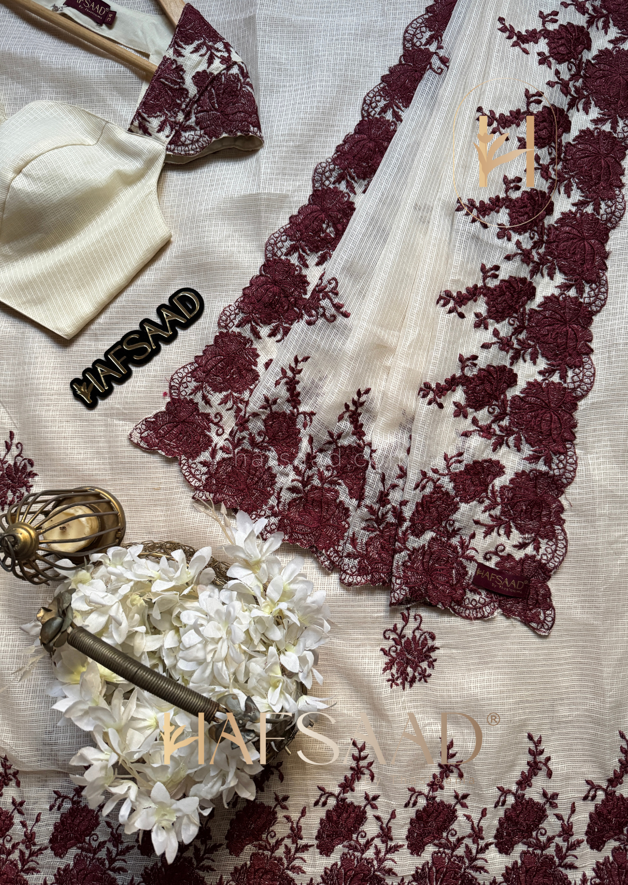 Celestia - Embroidered saree (Cream with maroon)
