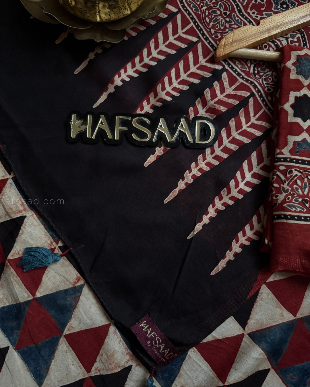 Mohana-Pure Ajrakh Modal Silk Saree (Red triangles)