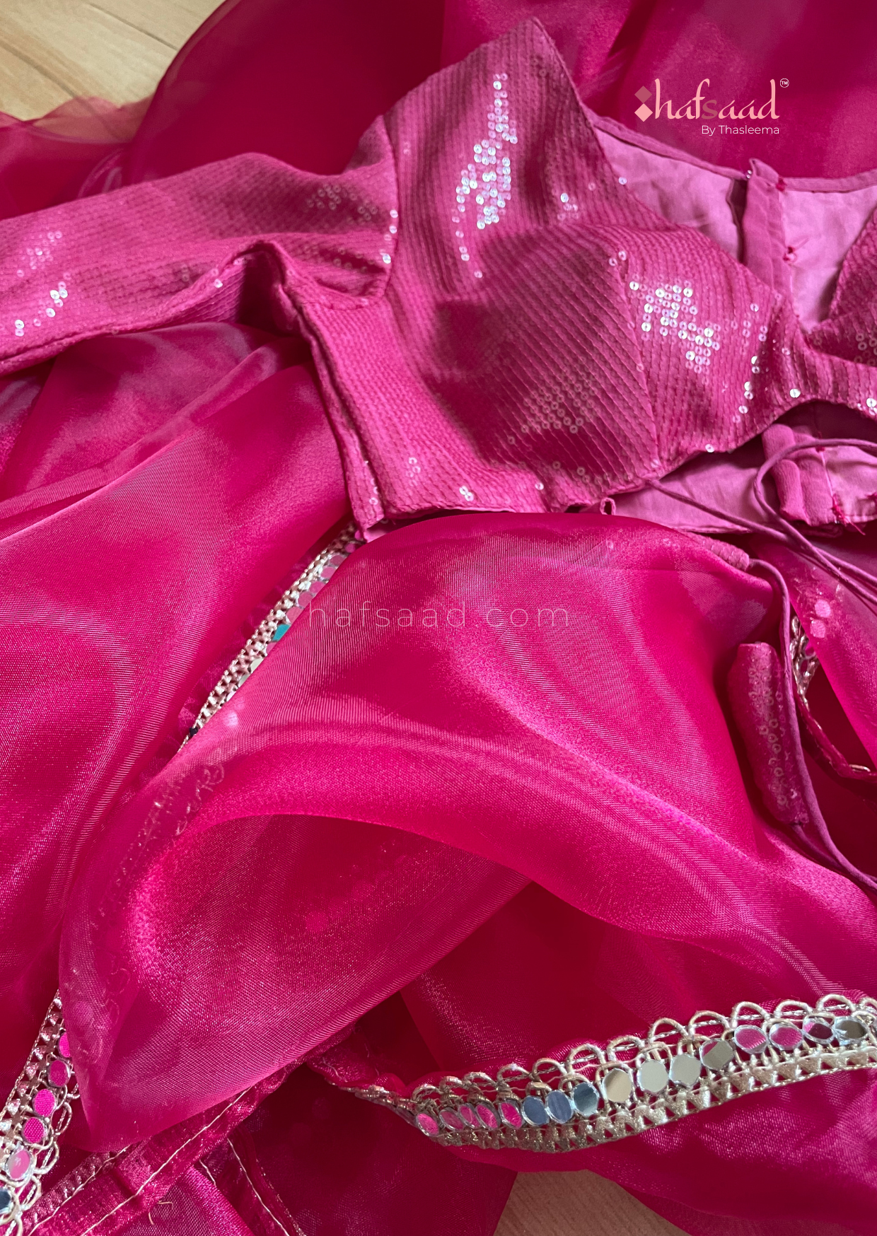 Haseen- Mirror work organza saree (Hot pink)