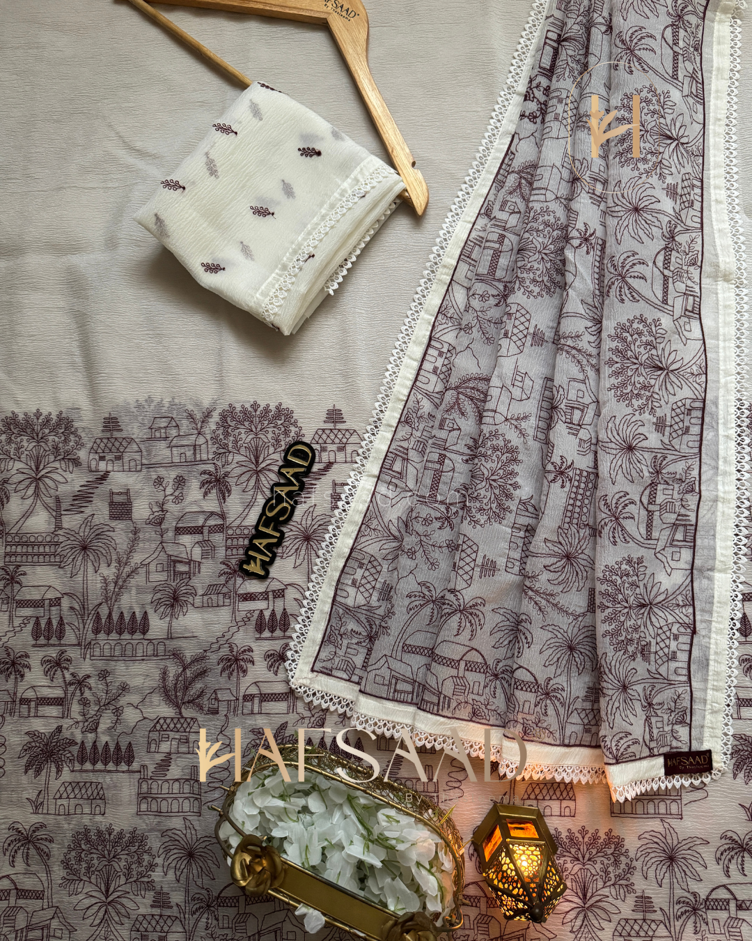 Arwa - Crushed silk organza saree (cream with maroon)