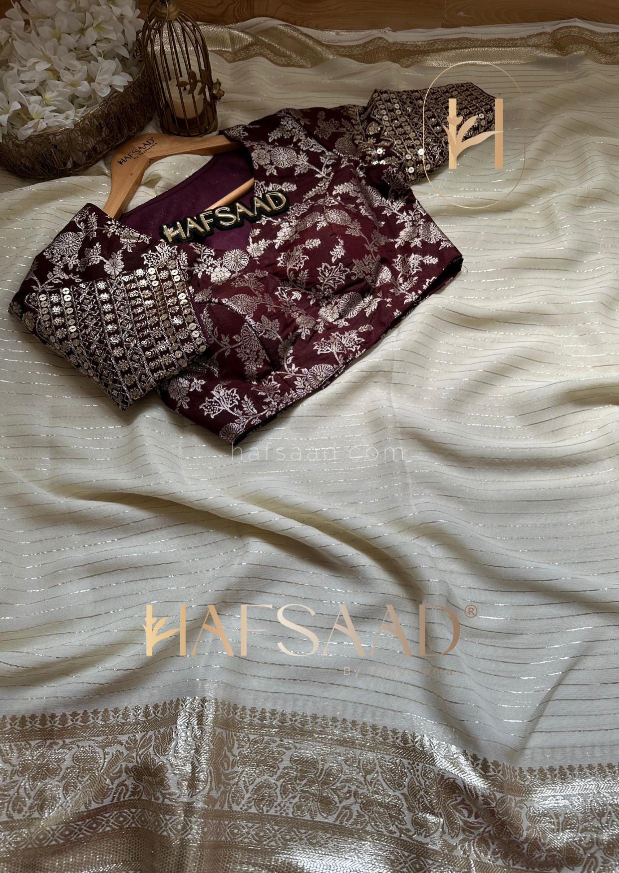 Mithra- Pure viscose saree (Plum Cream) Ready to wear