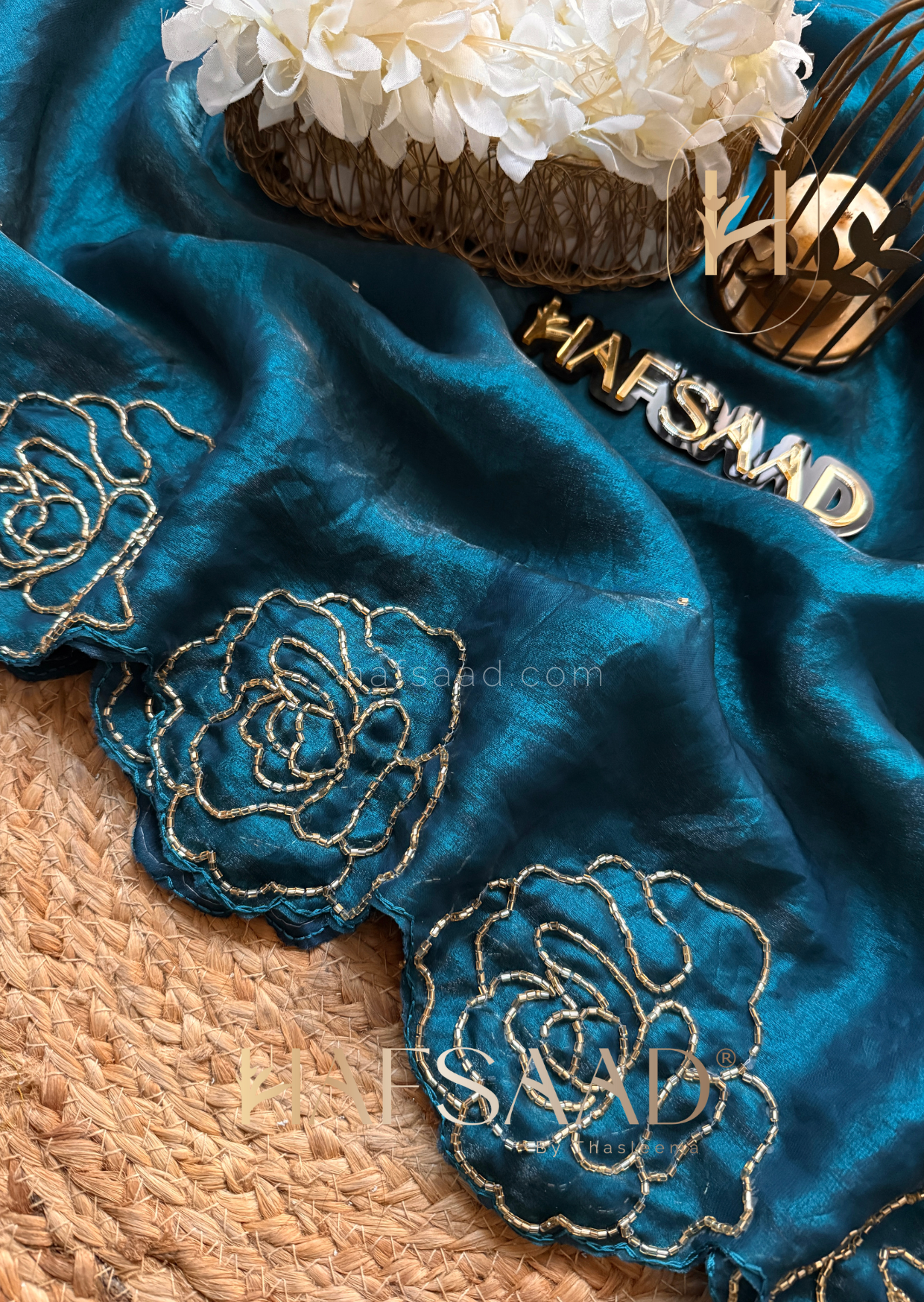 Diana - Premium stardust satin saree (Peacock blue)