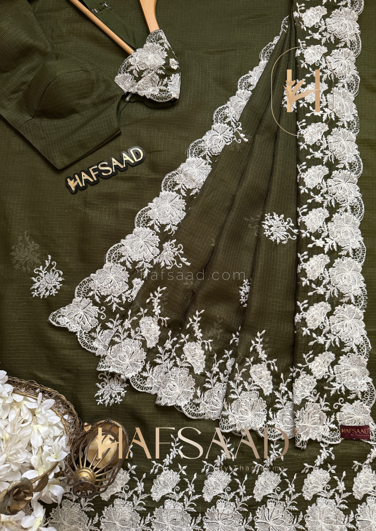 Celestia - Embroidered saree (Olive green)