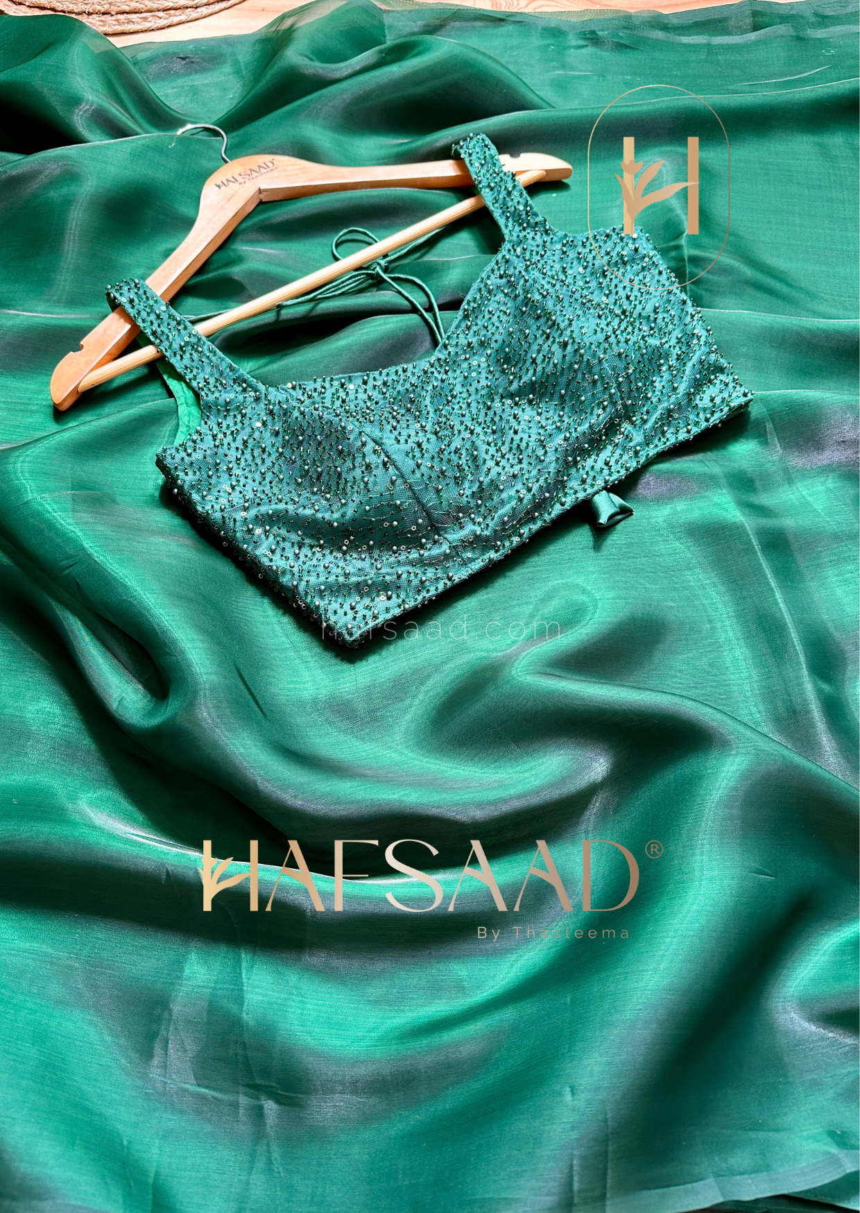 Medusa- Designer satin organza saree (Bottle Green)