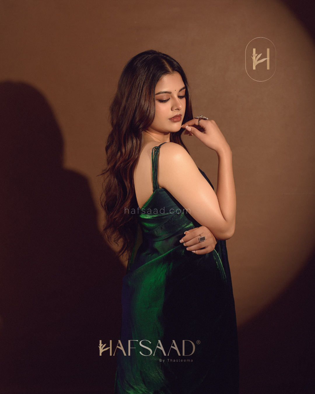 Sanjana in Sinful - Stardust satin saree (Emerald waves)