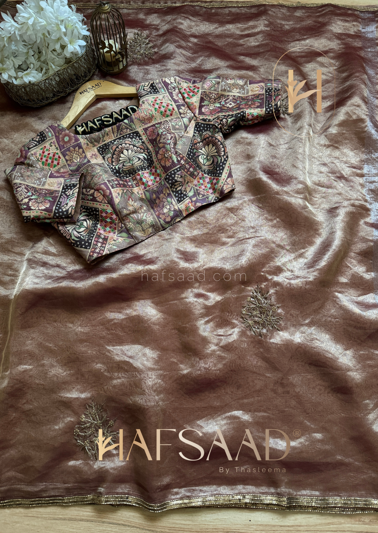 Nargis-Pure tissue silk handwork saree (Brownsugar)