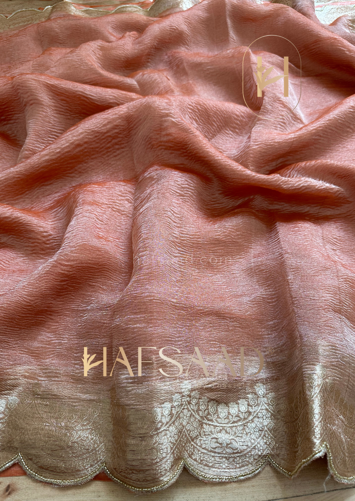 Sayali- Pure tissue silk saree with scallopwork (Coral peach)