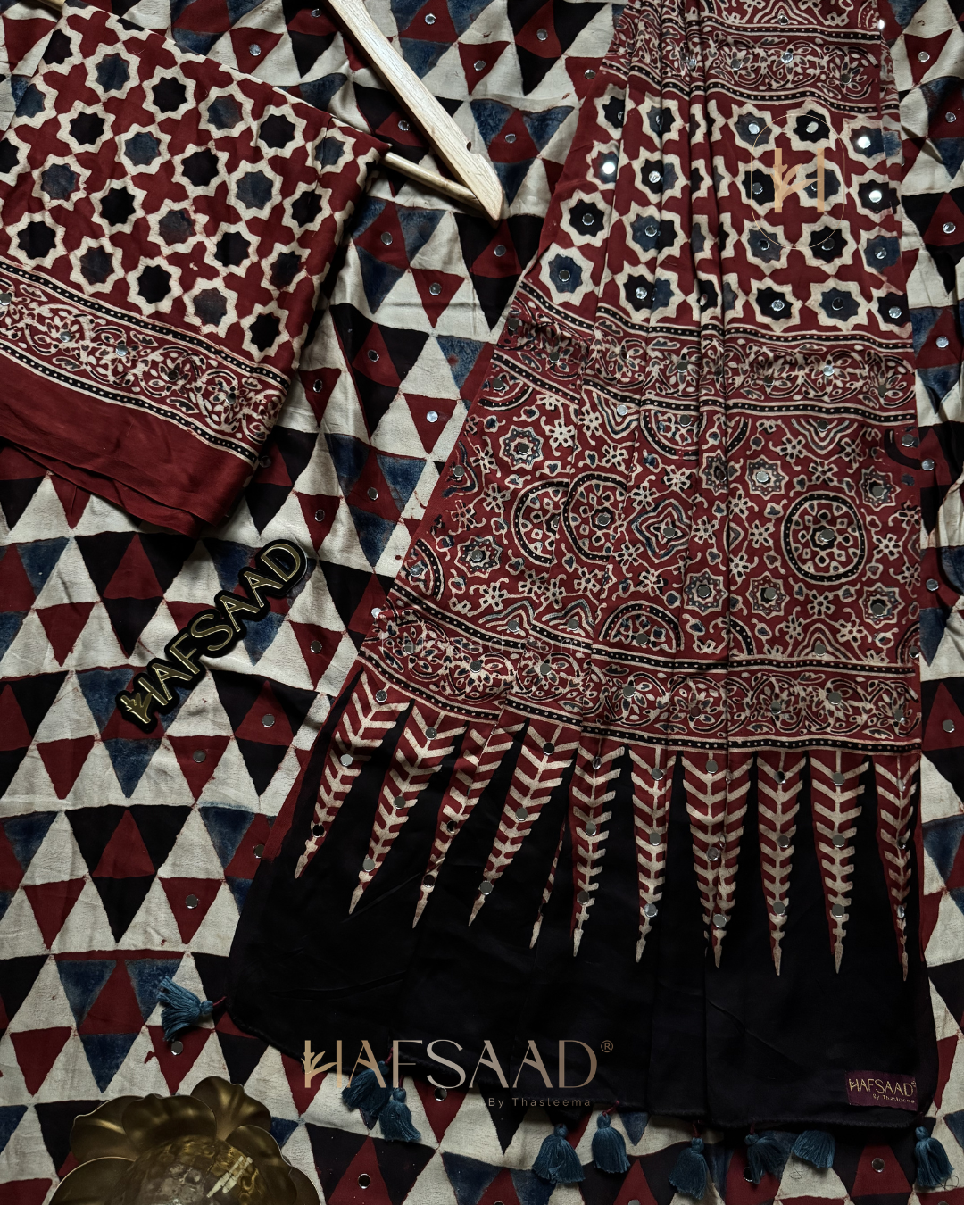 Mohana-Pure Ajrakh Mirror Work Saree (Triangle)