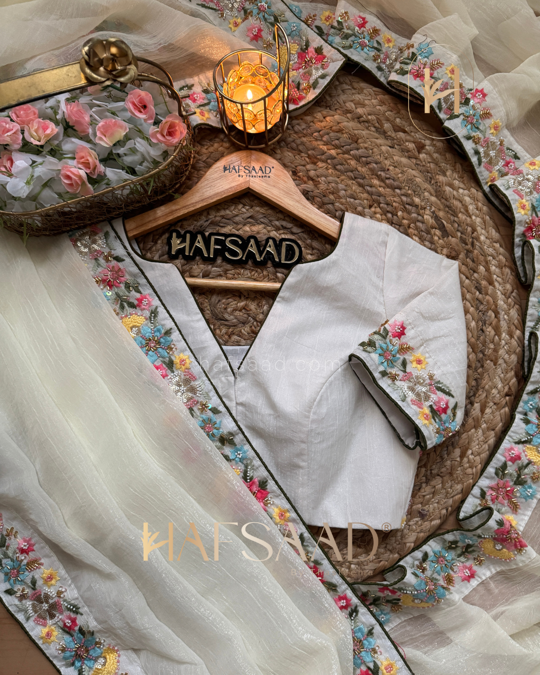 French fleur - Glass Chiffon Handwork Saree