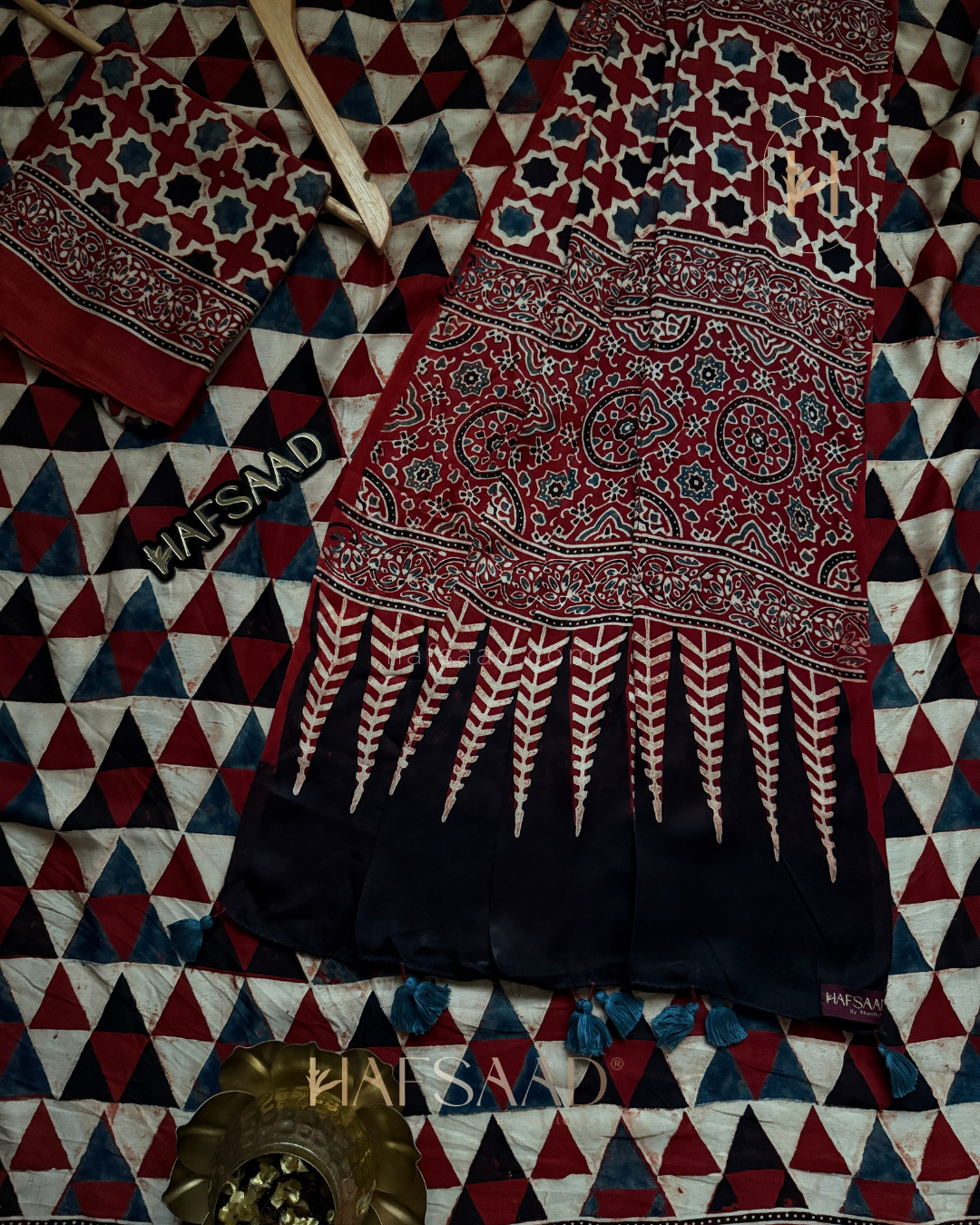 Mohana-Pure Ajrakh Modal Silk Saree (Red triangles)