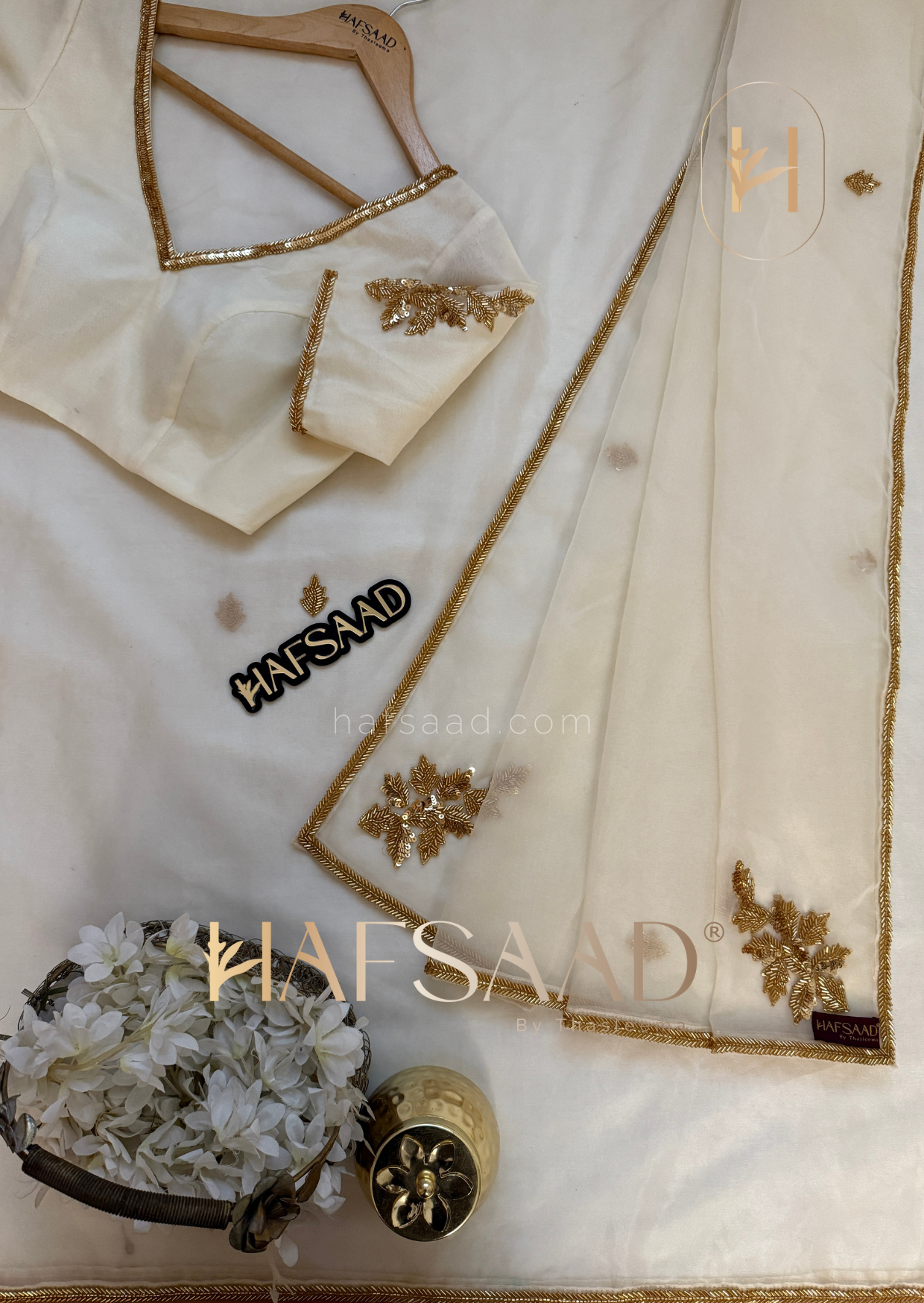 Rini- Pure organza handwork saree (Half white)