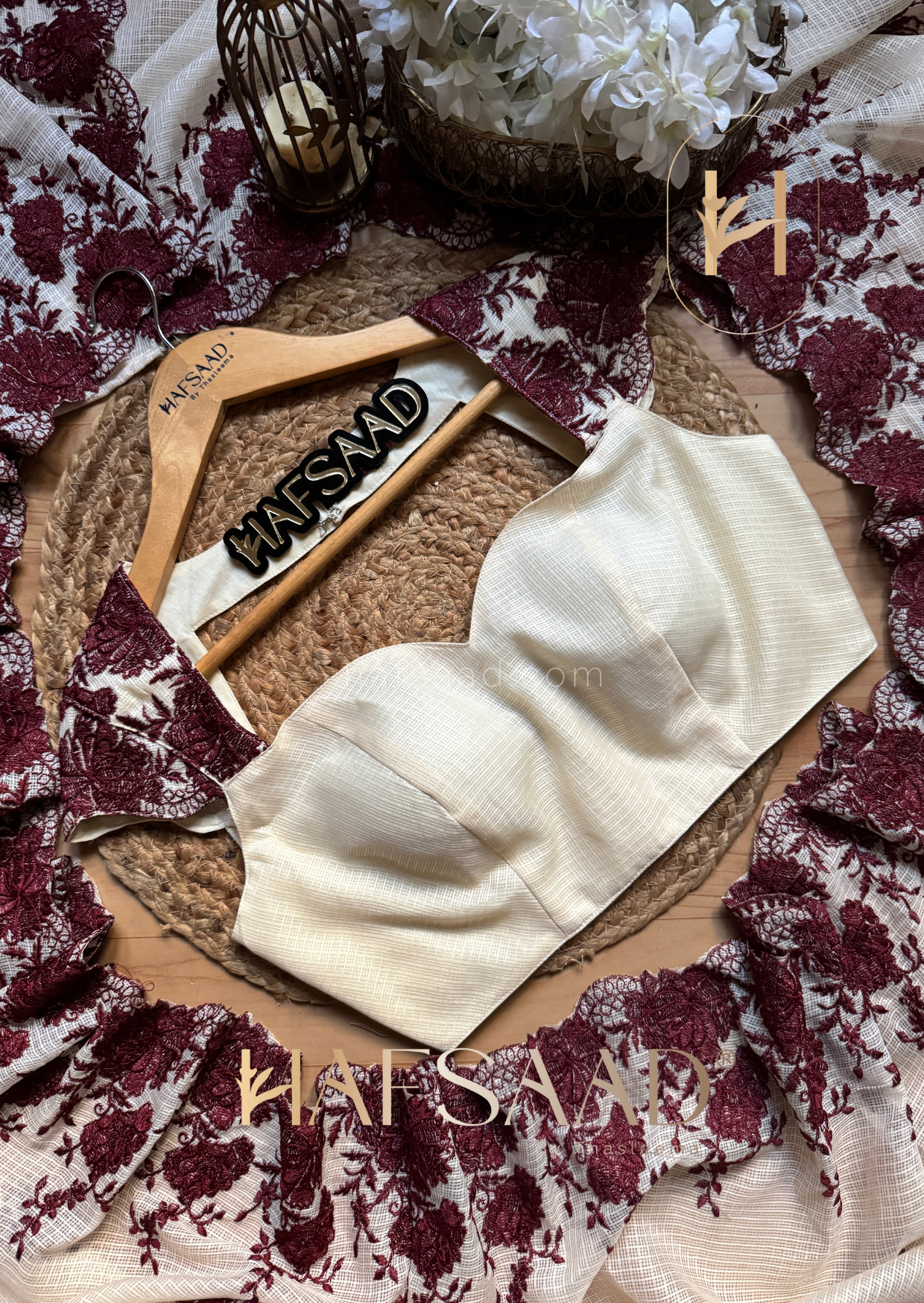 Celestia - Embroidered saree (Cream with maroon)