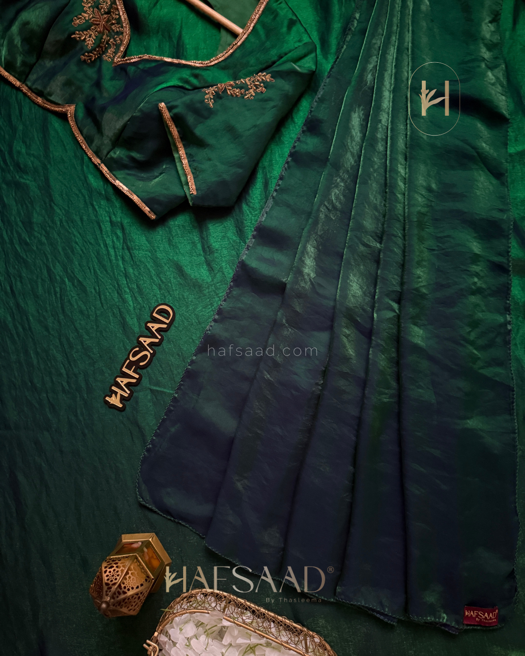 Rouge elbow sleeve - Artisanal handwork saree (Emerald Waves)