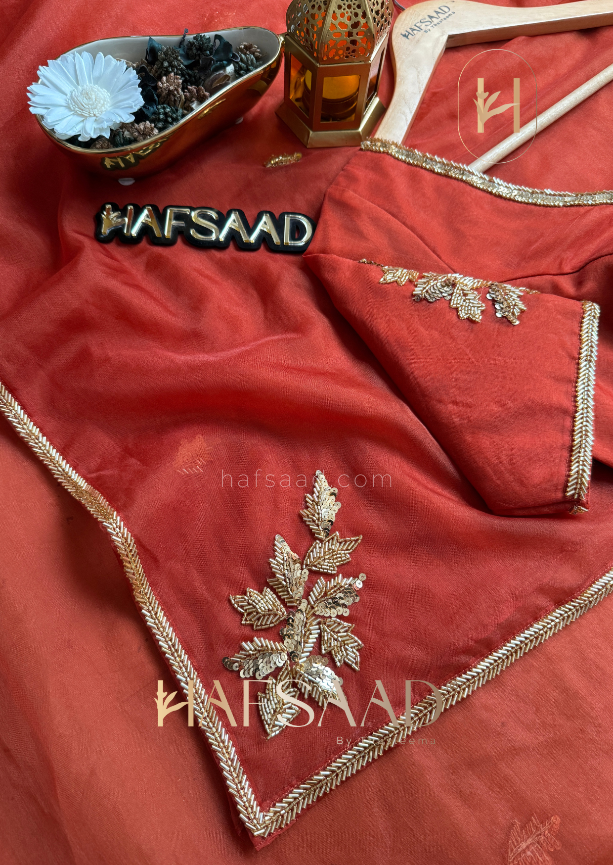 Rini- Pure organza handwork saree (Burnt orange)