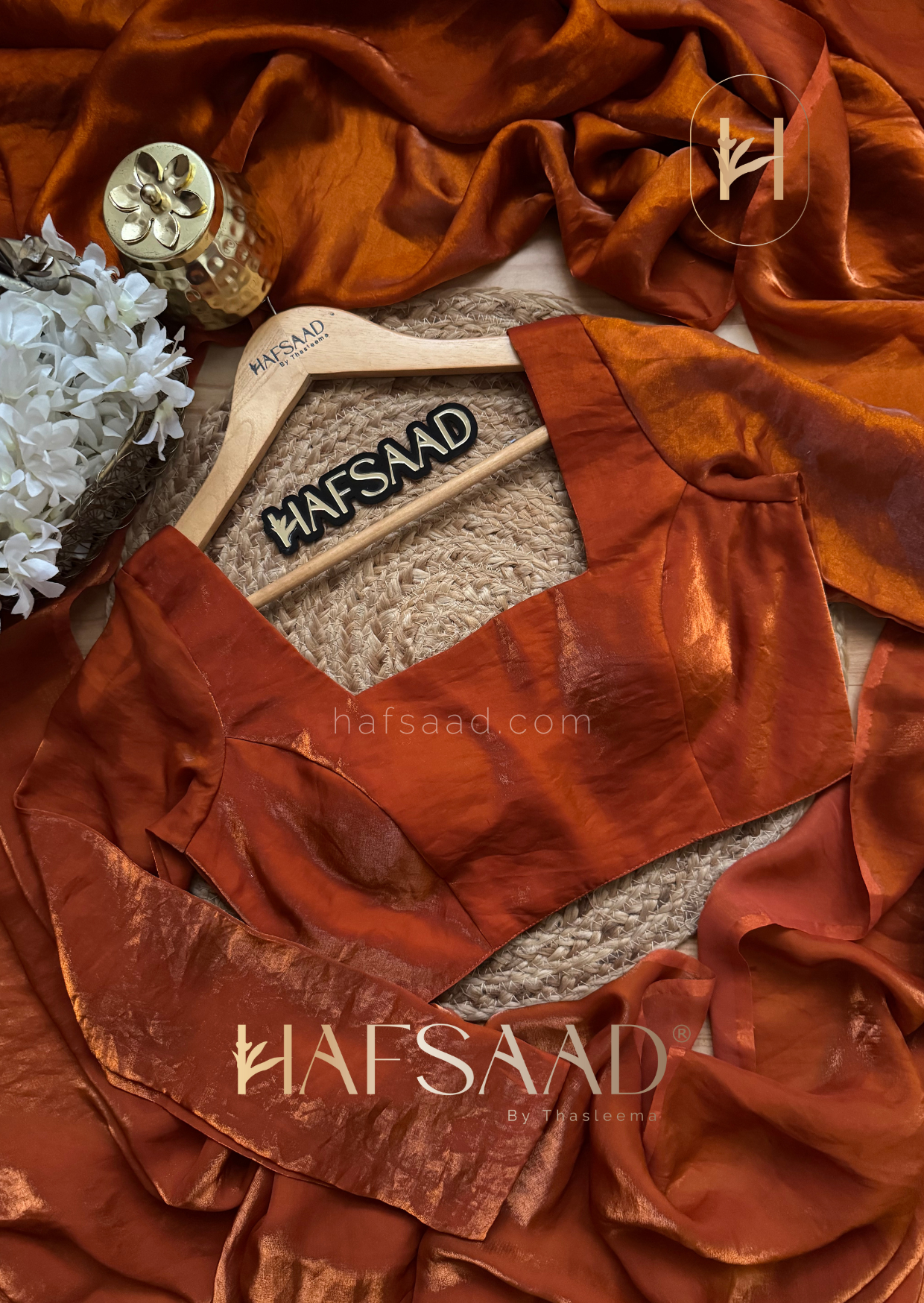 Sinful full sleeve - Stardust satin saree (Burnt orange)
