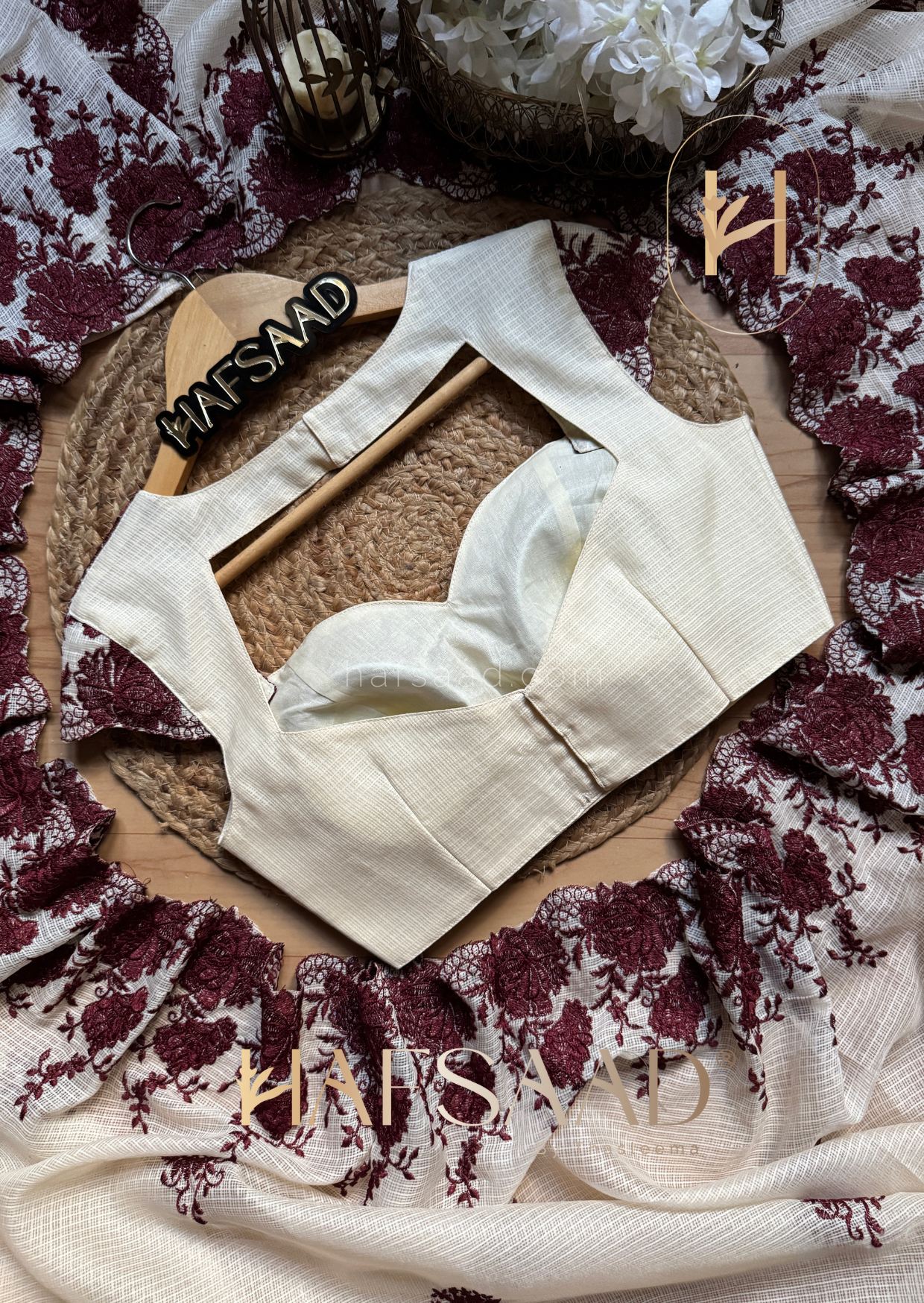 Celestia - Embroidered saree (Cream with maroon)