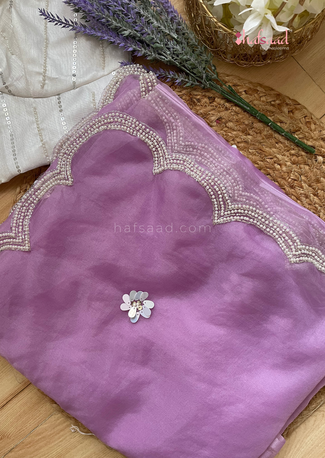 Iris- Premium soft handwork organza saree (Pastel Lilac)