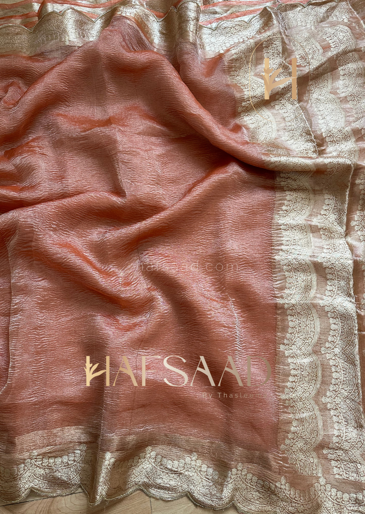 Sayali- Pure tissue silk saree with scallopwork (Coral peach)