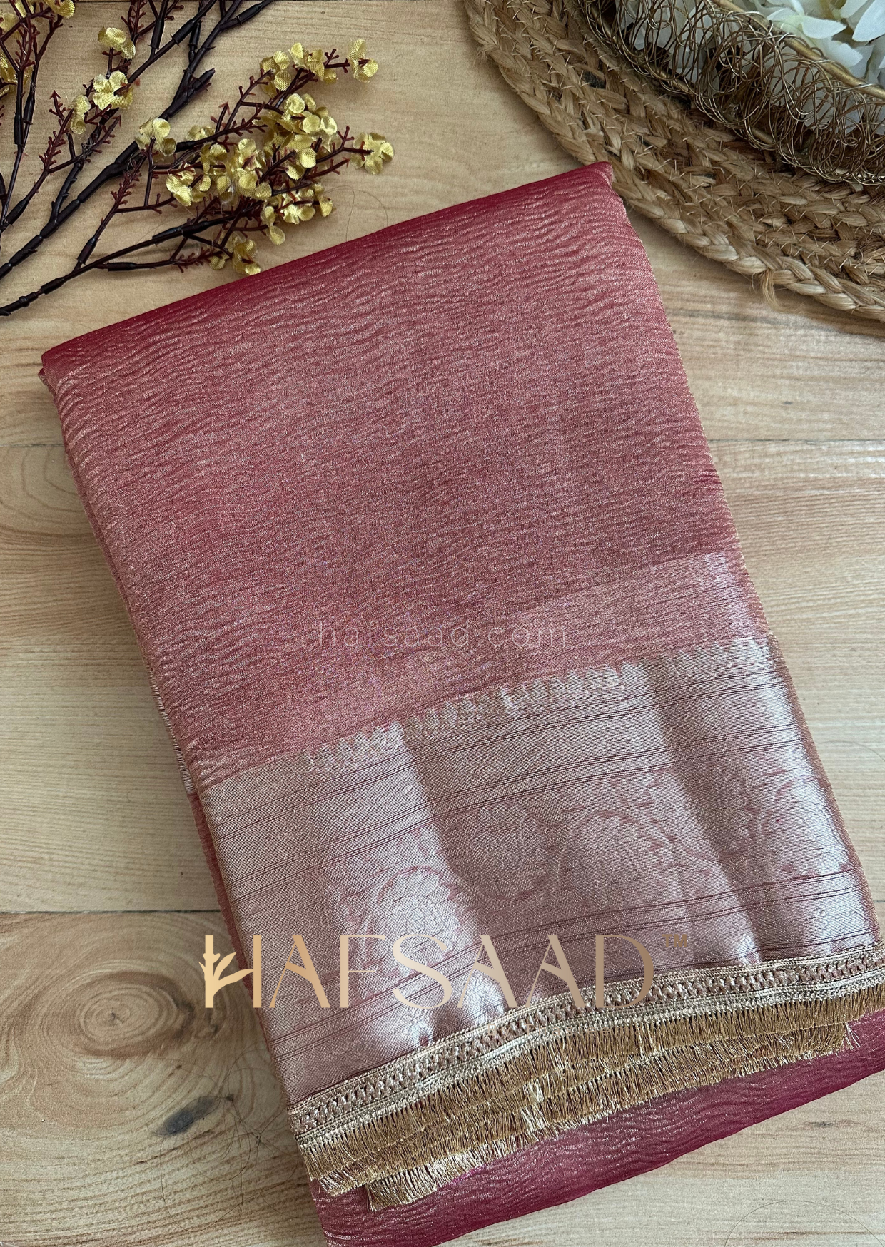 Amara- Crushed pure tissue silk saree (British Rosegold)