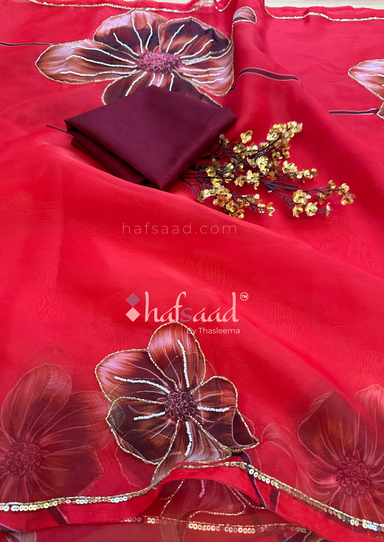 Dear Daisy- Handwork organza saree (Sensuous Red)