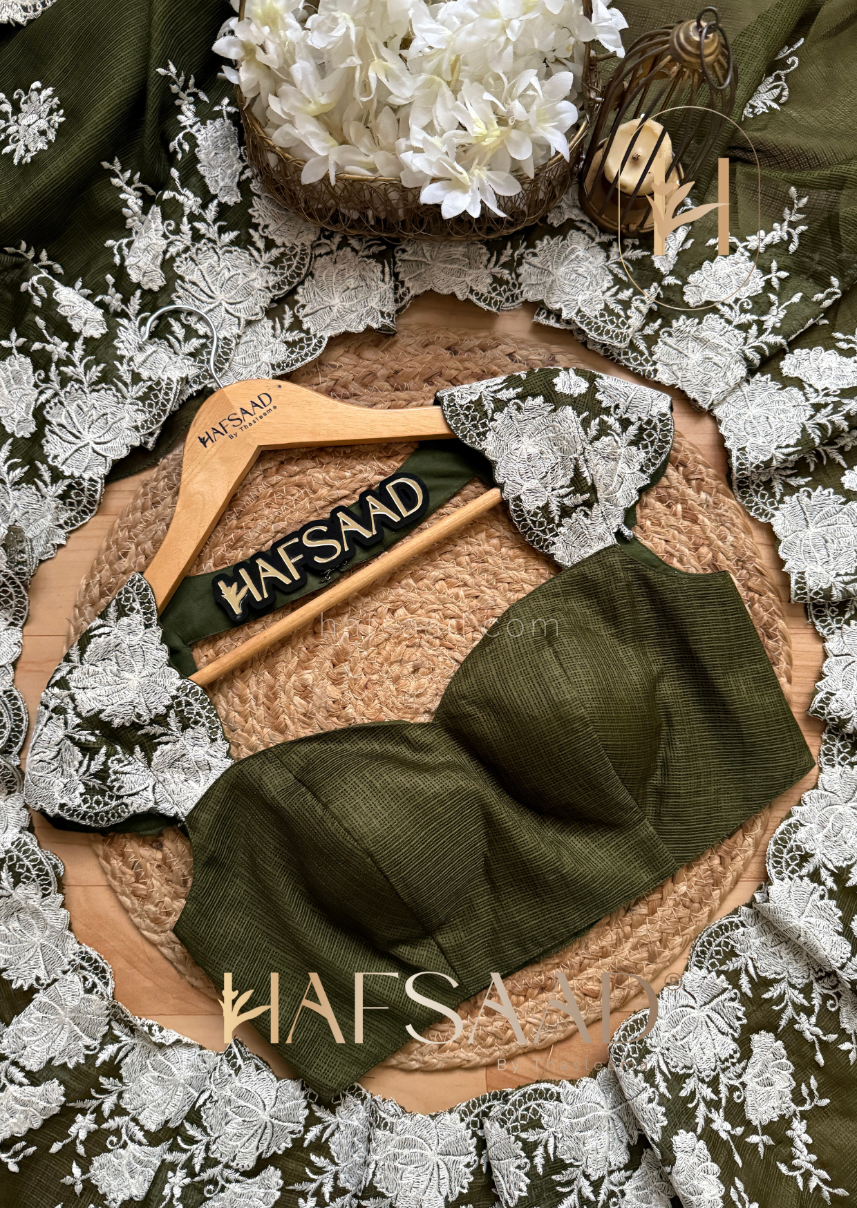 Celestia - Embroidered saree (Olive green)