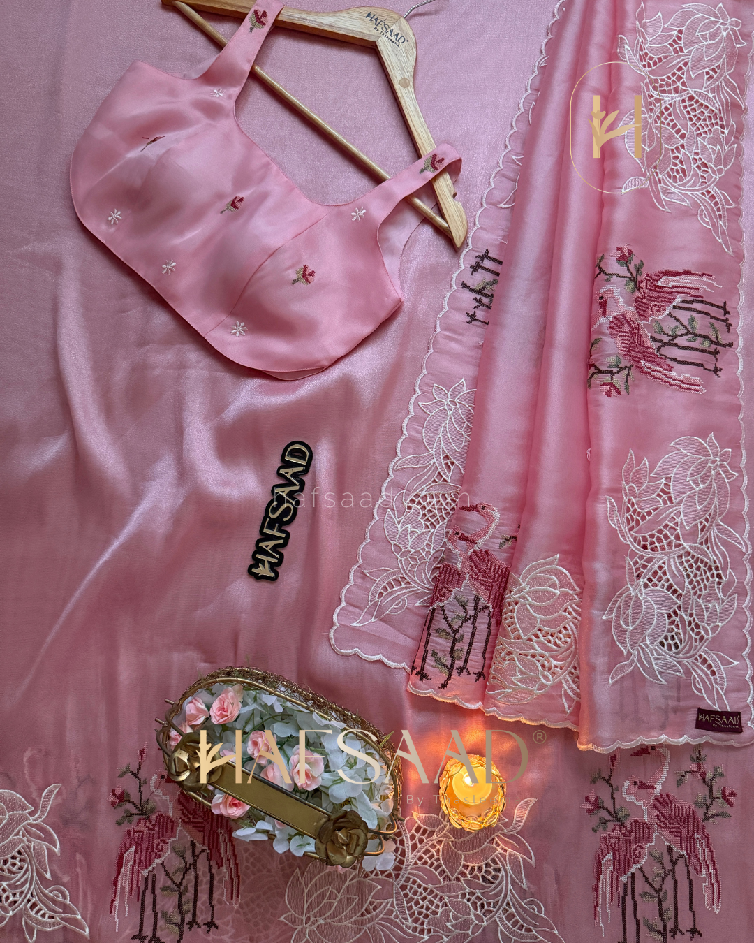 Flamingo - Soft appliqué saree (Pink)