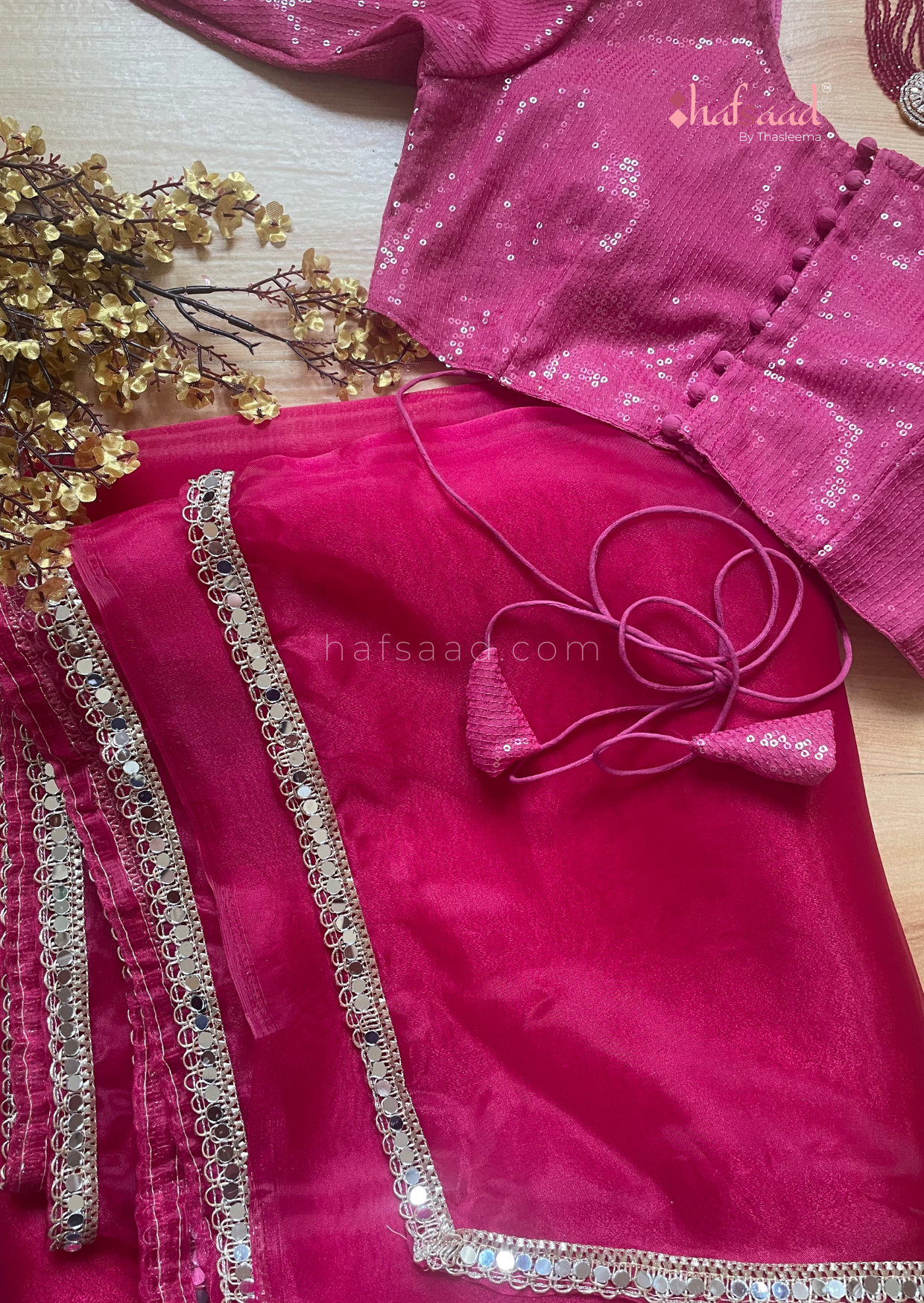 Haseen- Mirror work organza saree (Hot pink)