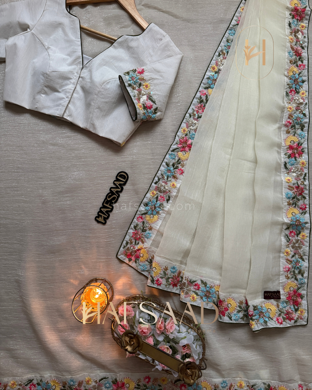 French fleur - Glass Chiffon Handwork Saree