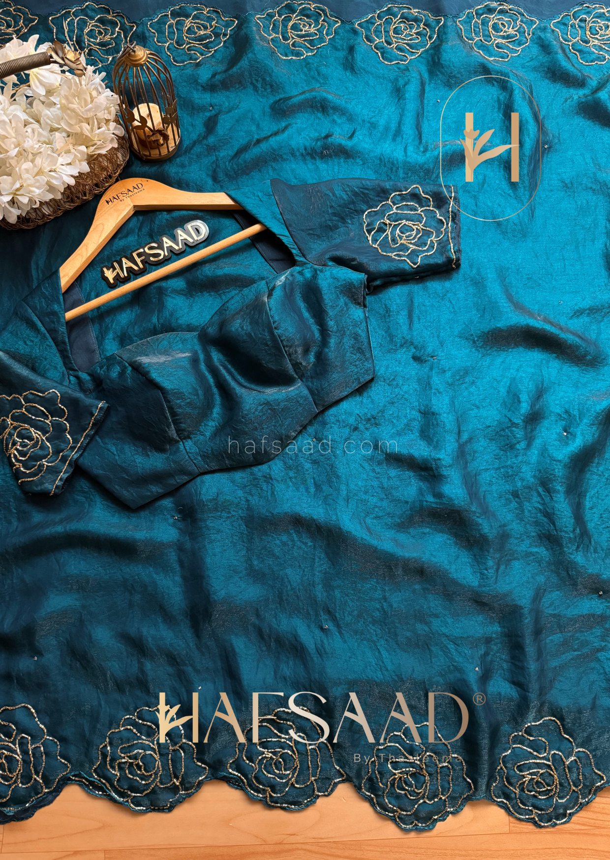 Diana - Premium stardust satin saree (Peacock blue)