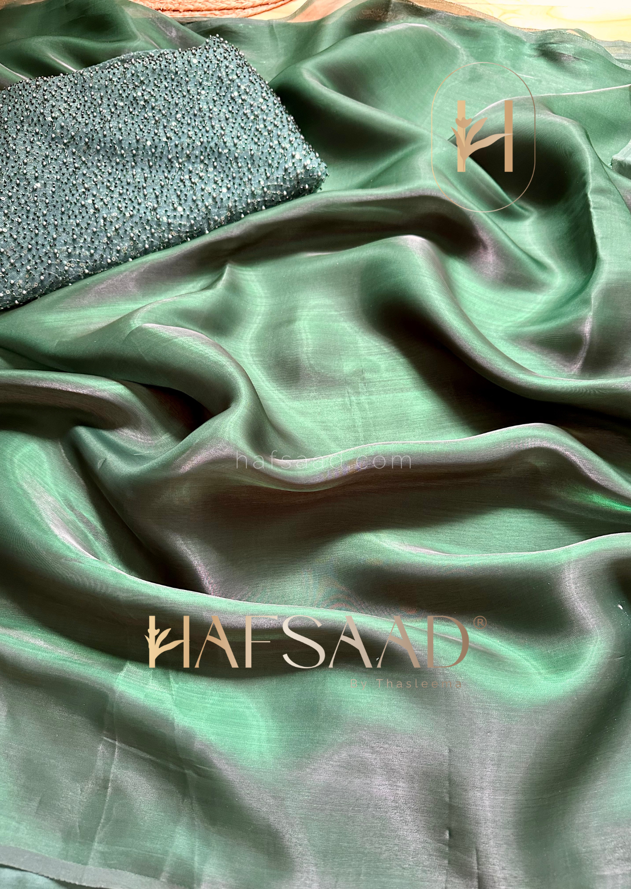 Medusa- Designer satin organza saree (Bottle Green)