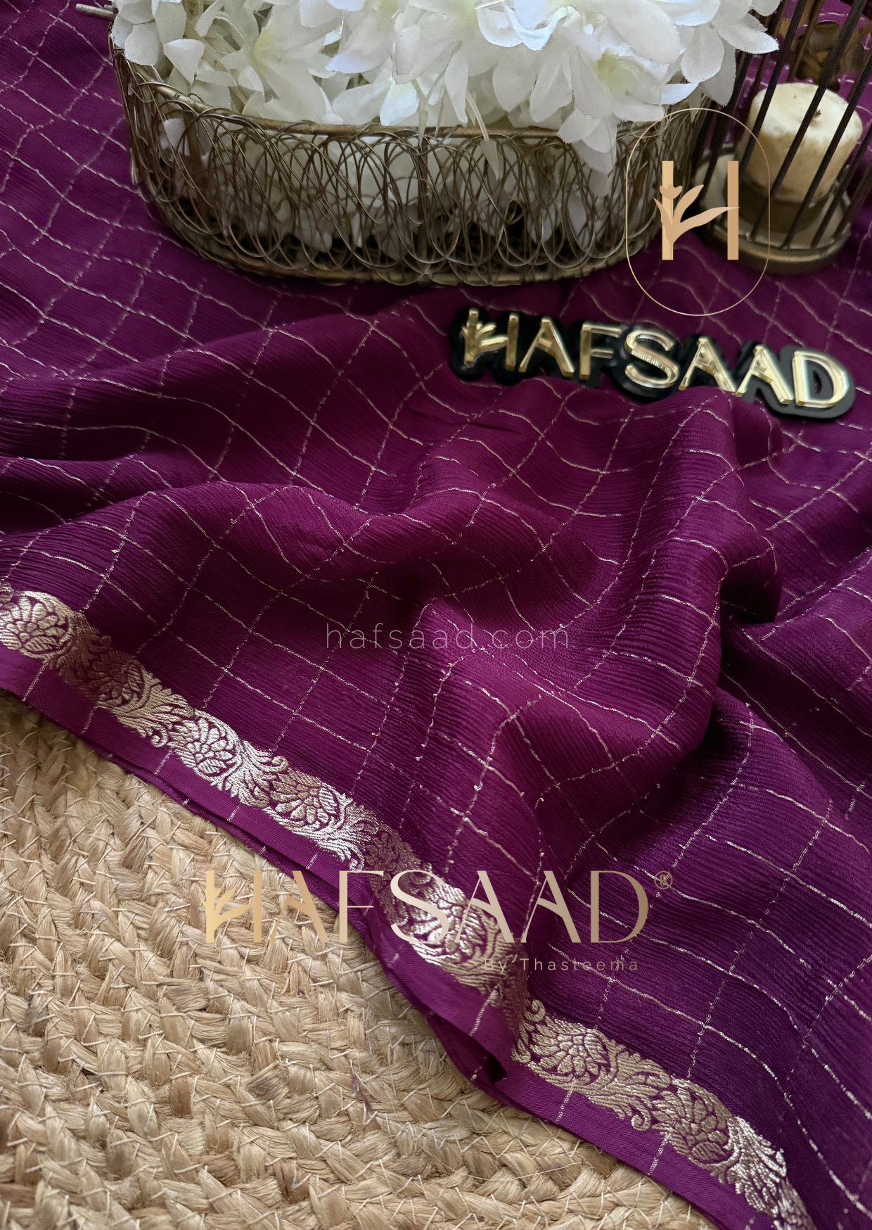 Madrasi - Premium crushed chinnon saree (Plum)