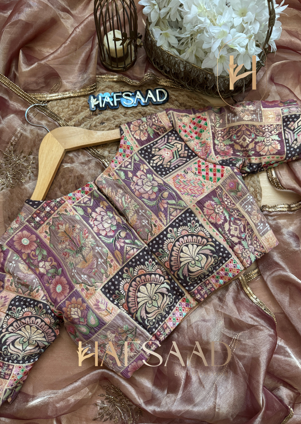 Nargis-Pure tissue silk handwork saree (Brownsugar)