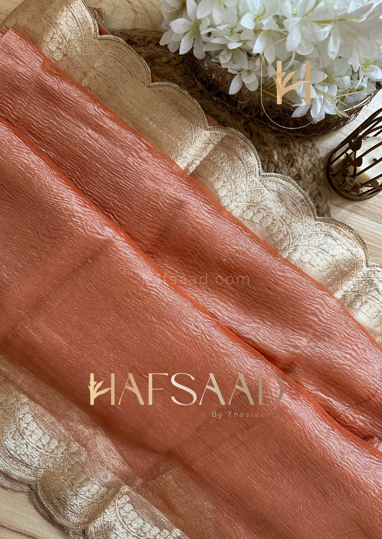 Sayali- Pure tissue silk saree with scallopwork (Coral peach)