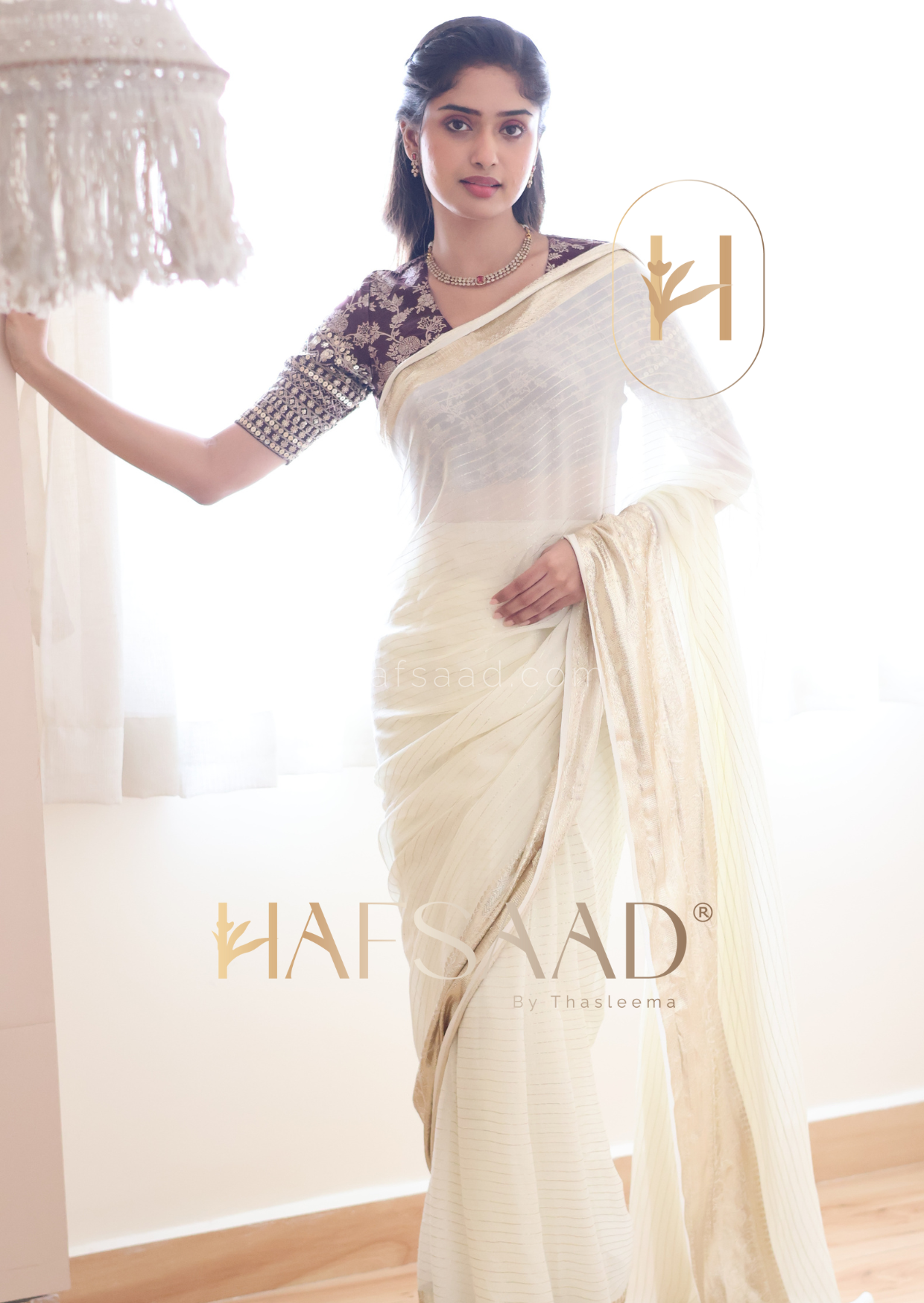 Mithra- Pure viscose saree (Plum Cream) Ready to wear